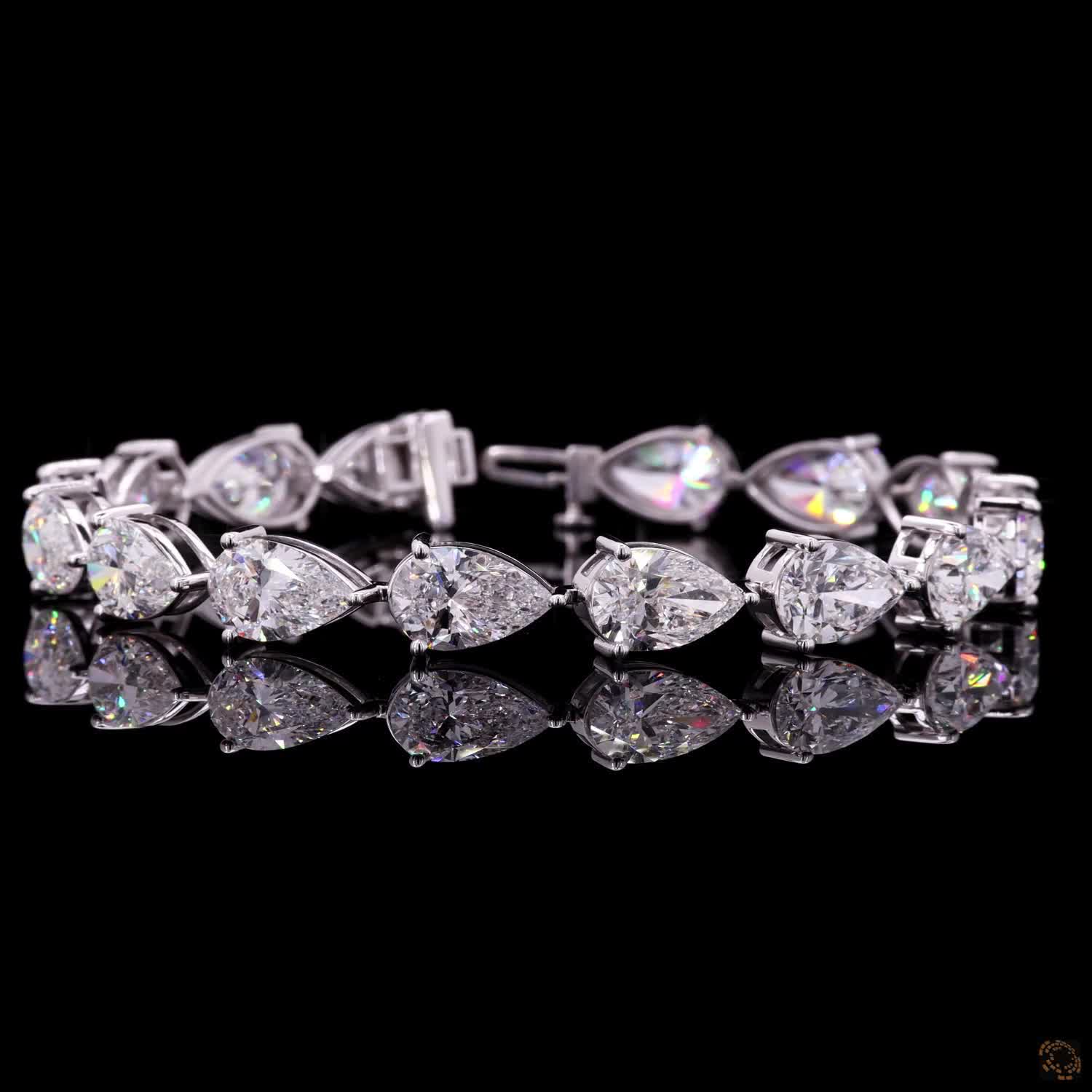 26.03 Ct 14K White Gold Pear Cut Moissanite Tennis Bracelet with Double Latch Box Clasp