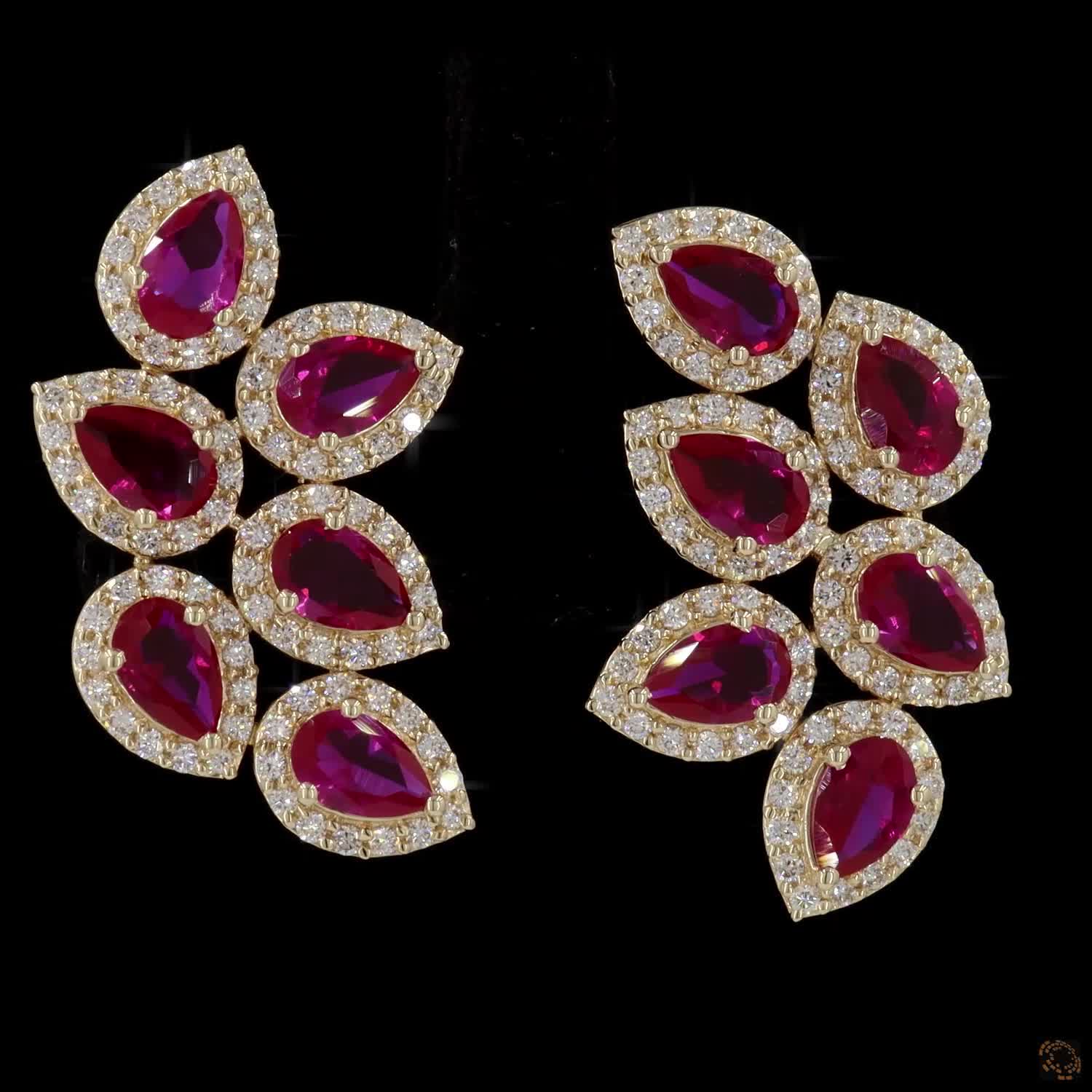 0.95  Ct Pear Cut Ruby & Diamond Halo Ear Climbers | Gold Leaf Cluster Earrings