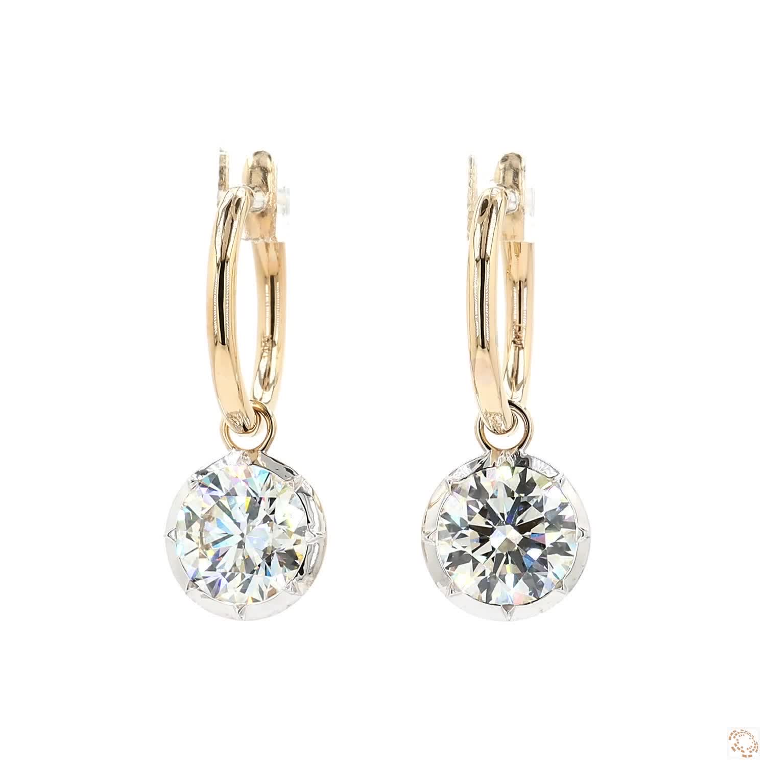 5.13 Ct 14K Gold Round Solitaire Diamond Dangle Hoop Earrings – White Metal Rimmed Charm Drops (Copy) (Copy)