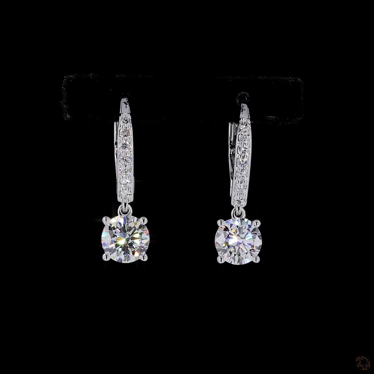 2.33 Ct Round Diamond Solitaire Dangle Earrings with Pavé Leverback Wire in White Gold