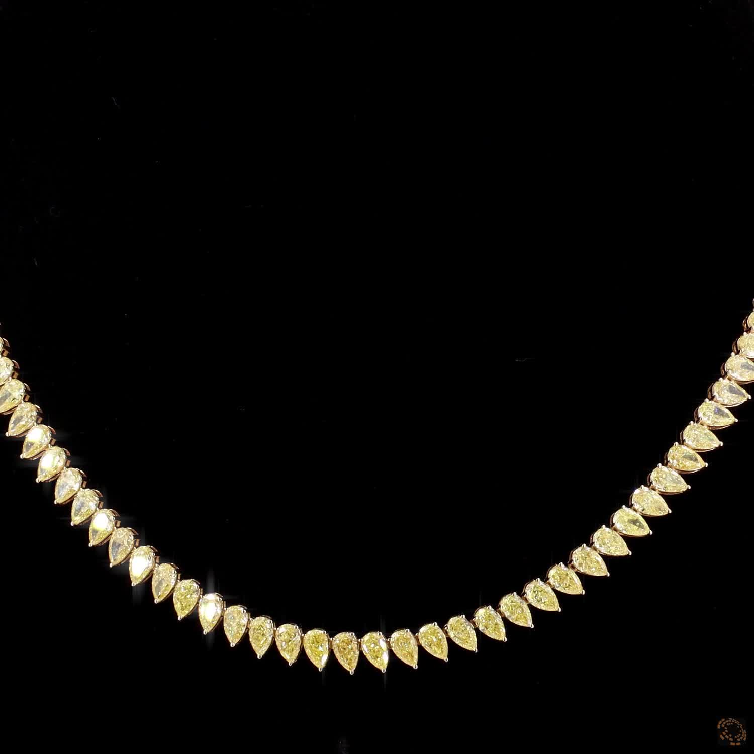 24.17 Ct Fancy Yellow Pear Cut Diamond Riviera Necklace in Yellow Gold
