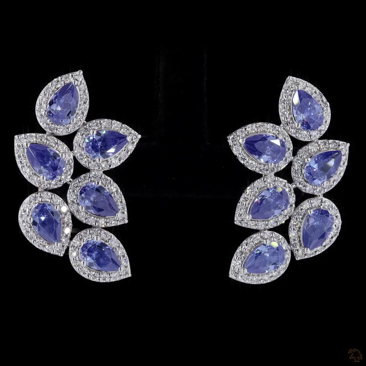1.00 Ct hite Gold Tanzanite & Diamond Halo Cluster Spray Earrings