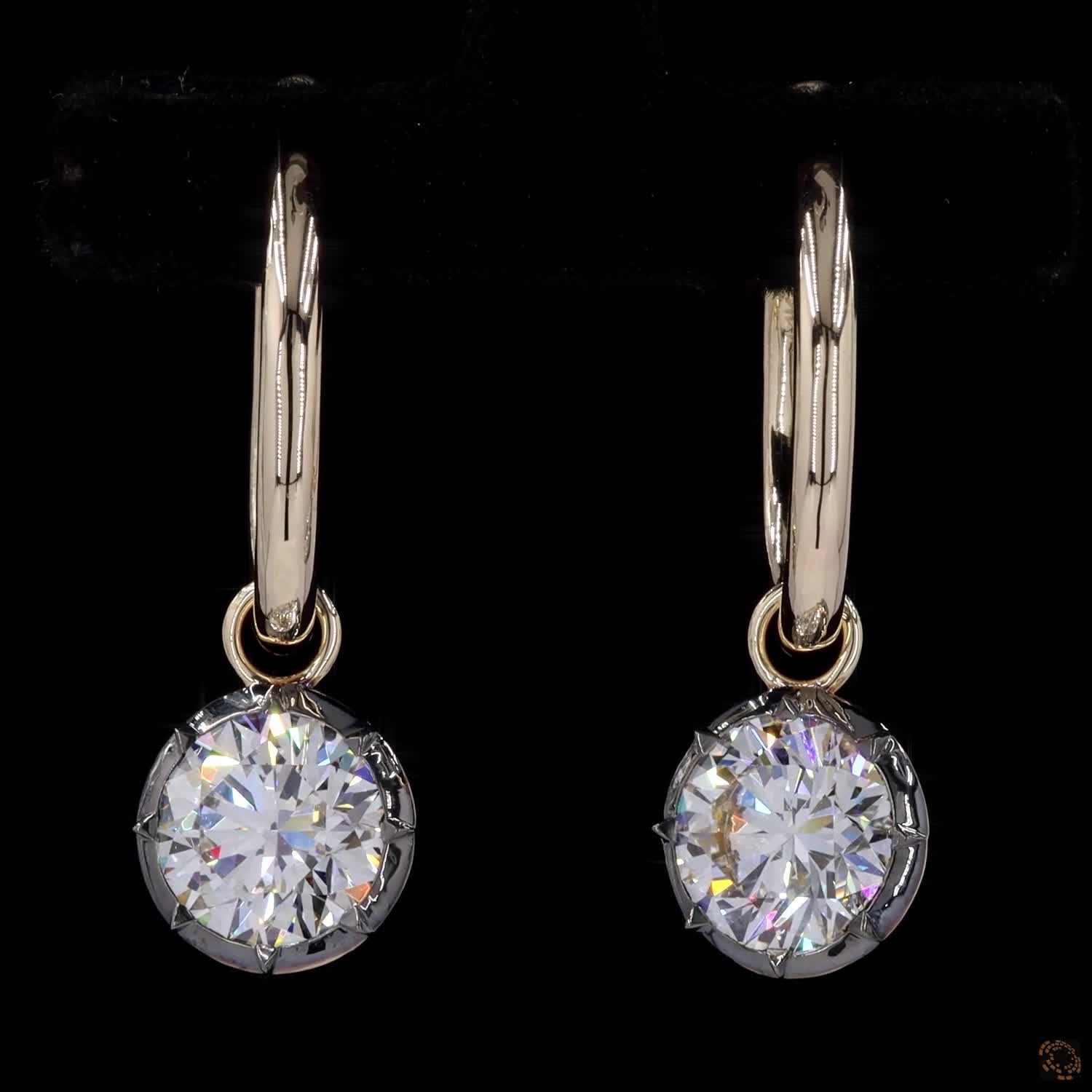 3.05 Ct Round Cut Diamond Drop Huggie Earrings in 14K Gold | Dark Bezel Solitaire Dangle Hoops