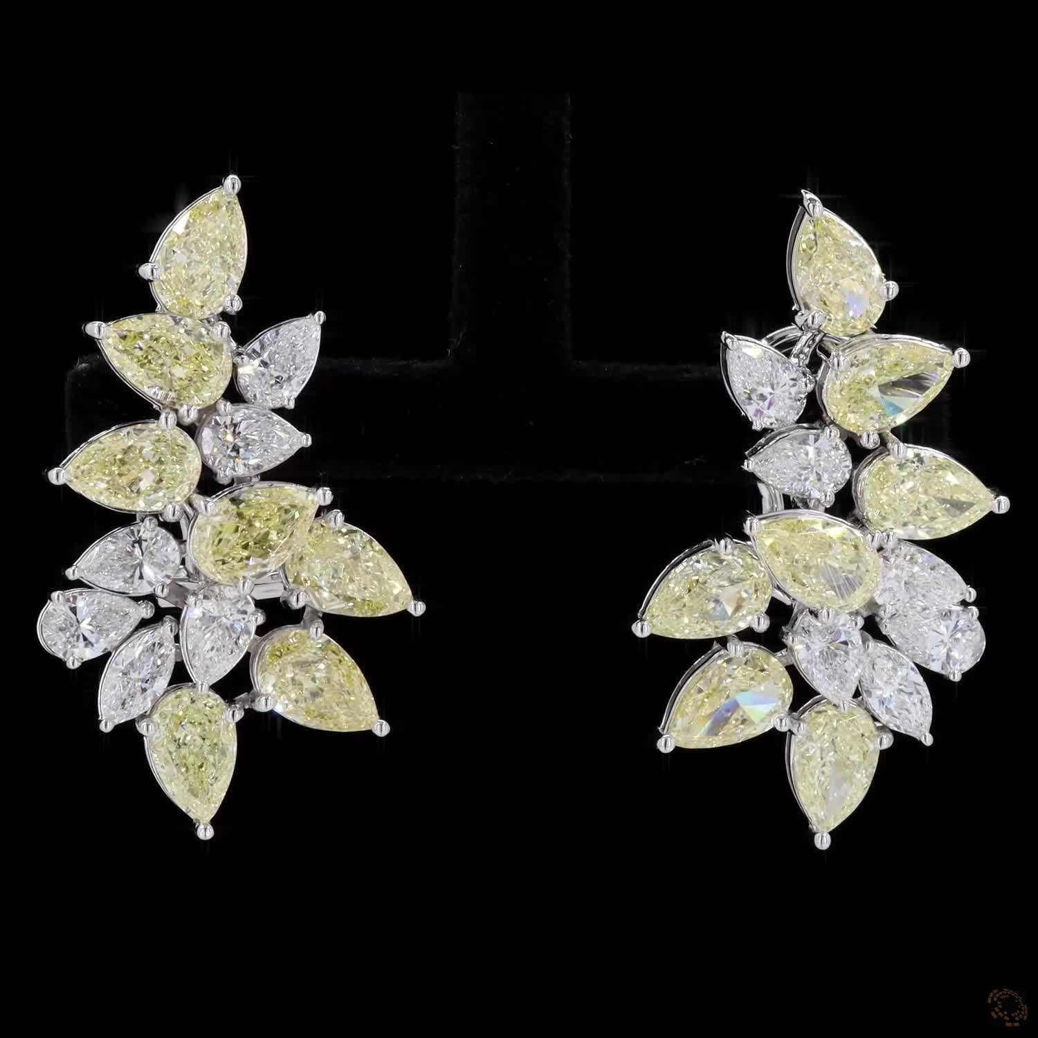 13.11 Ct Pear Cut Fancy Yellow Diamond Leaf Climber Earrings in White Gold