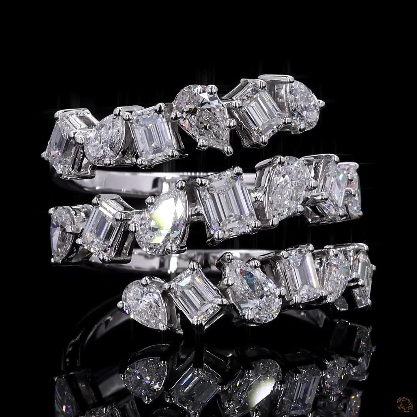 2.73 Ct Natural Emerald with Pear Octagon Shape Diamond Spiral Cuff Ring 14k White Gold