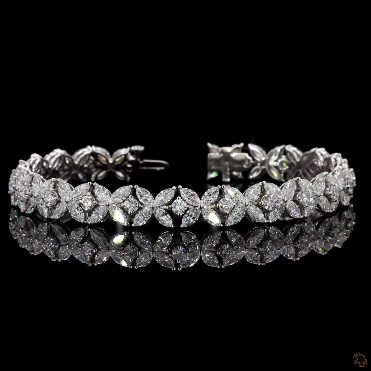 11.90 Ct Floral Marquise & Round Fancy  Bracelet in 14K White Gold | Cluster Flower Diamond Alternative Line Bracelet