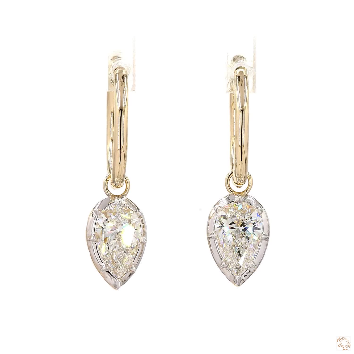 6.09 Ct Pear Cut Diamond Drop Huggie Earrings in 14K Two-Tone Gold | Solitaire Teardrop Dangle Hoops