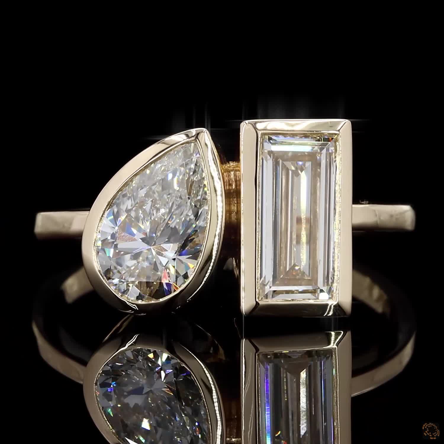 1.97 Cts Pear & Baguette Cut Lab Grown Diamond Ring 14k Yellow Gold