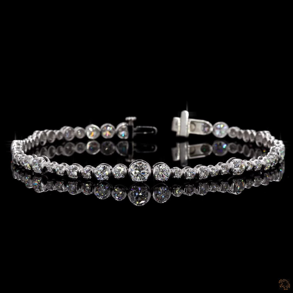 6.33 Ct 4K White Gold Graduated Round Cut Bezel Fancy Bracelet with Double Latch Box Clasp