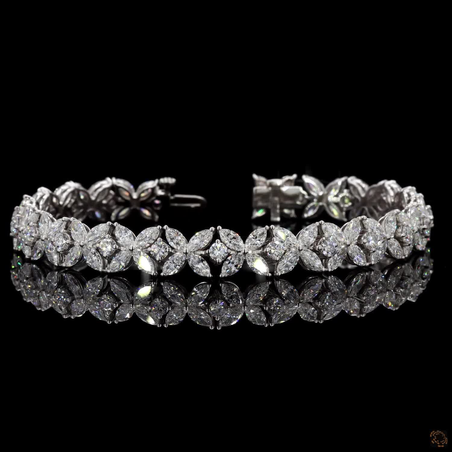 11.90 Ct Floral Marquise & Round Moissanite Fancy  Bracelet in 14K White Gold | Cluster Flower Diamond Alternative Line Bracelet