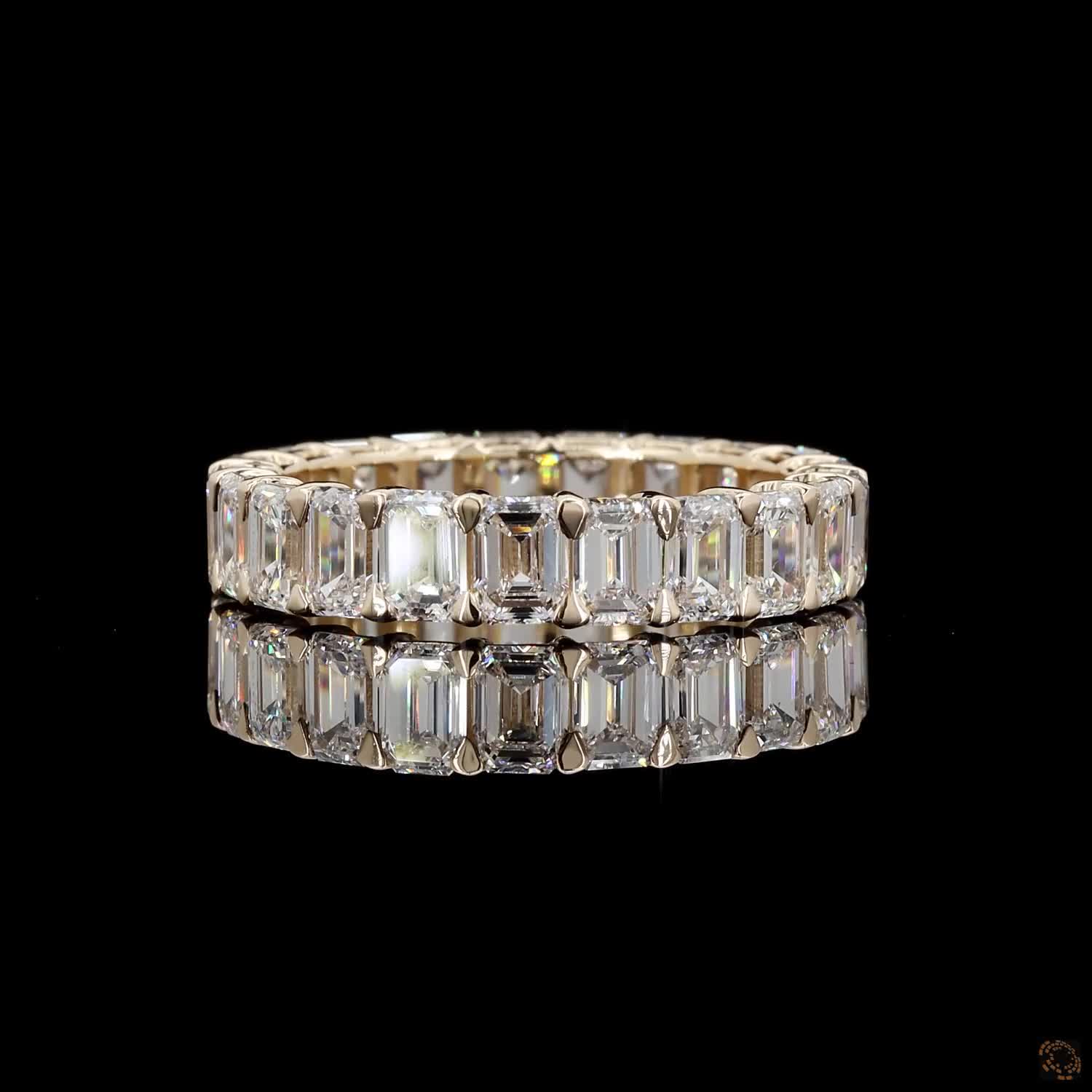 5.16 Ct Emerald Cut Diamond Full Eternity Ring, 4-Prong Shared Setting, 14K Yellow Gold Matching Bridal Band