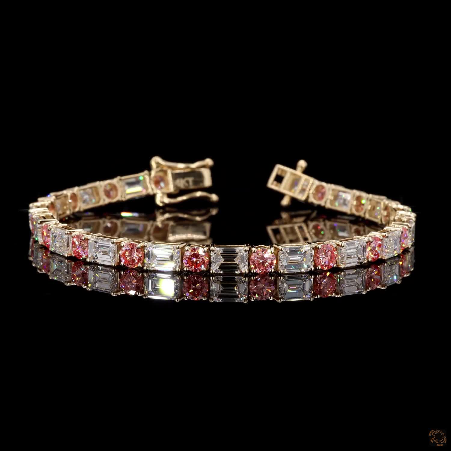 12.66 Ct Yellow Gold Pink Gemstone and Emerald Cut Diamond Alternating Tennis Bracelet  Alternative High-Volume Title: Two-Tone Pink Sapphire and Emerald Cut Diamond Line