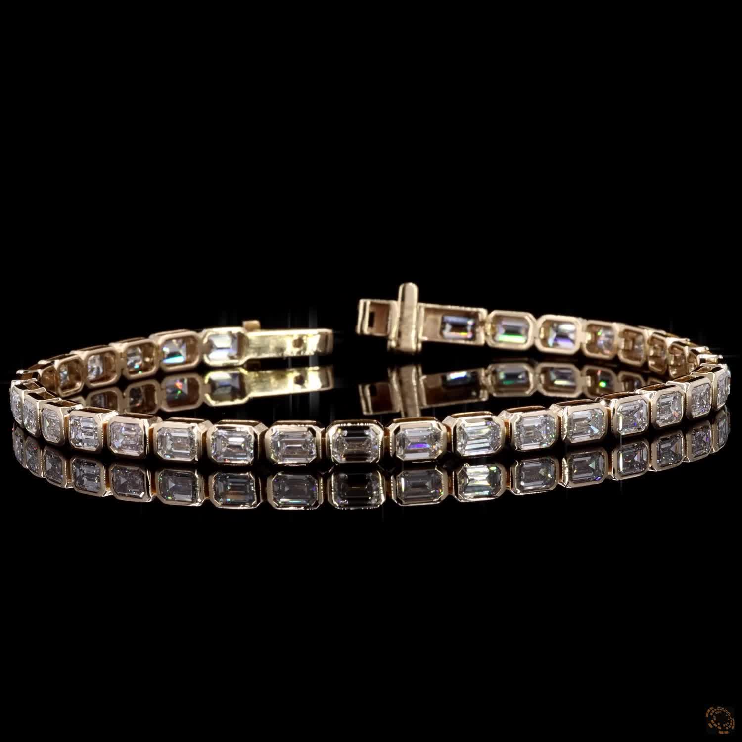 8.71 Ct East-West Emerald Cut Bezel SeTennis  Bracelet in 14K Yellow Gold | Bezel Step Cut Eternity Line Bracelet
