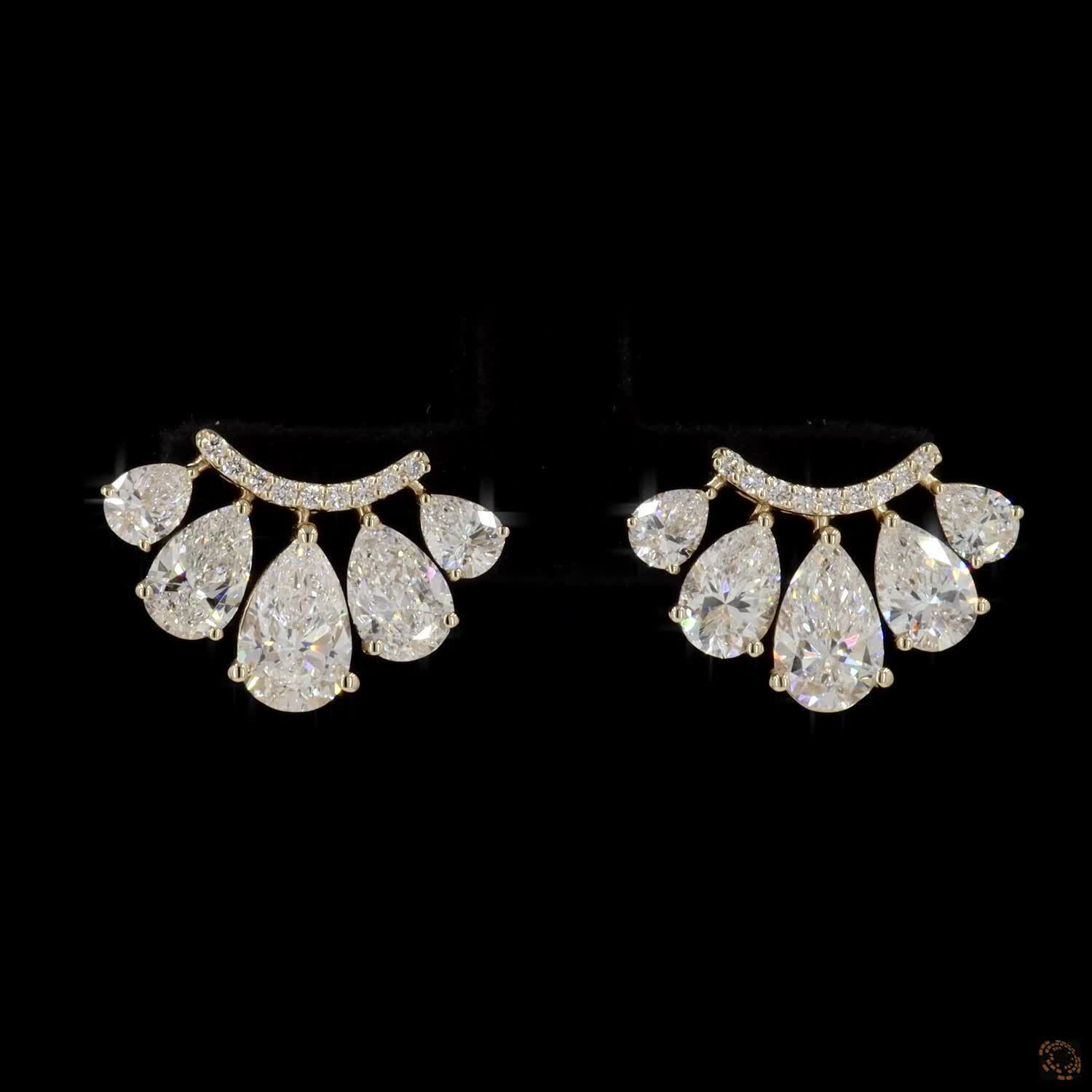 3.12 Pear Diamond Fan Cluster Stud Earrings in Yellow Gold