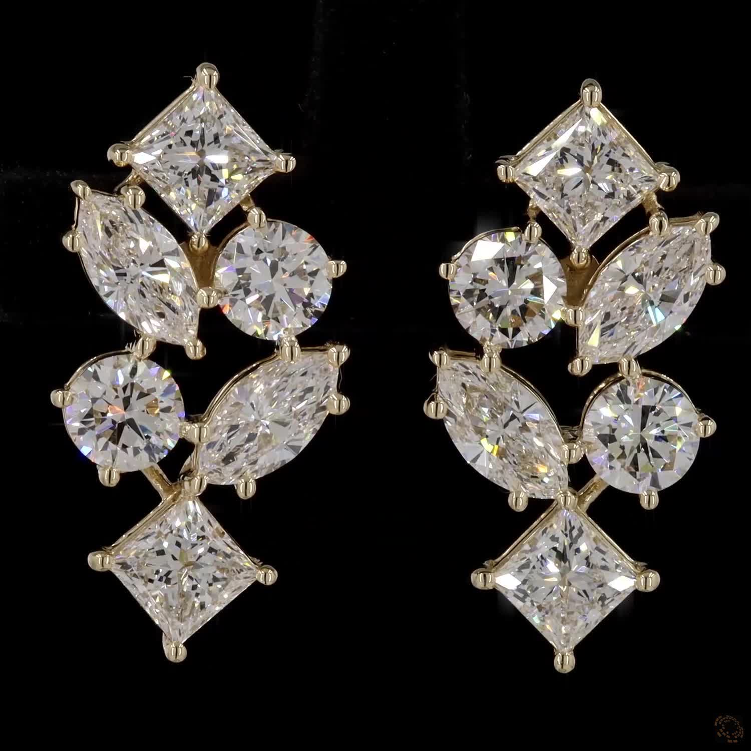 5.62 Ct Yellow Gold Multi-Cut Earrings, Geometric Cluster Ear Climbers, Unique Bridal & Evening Fine Jewelry