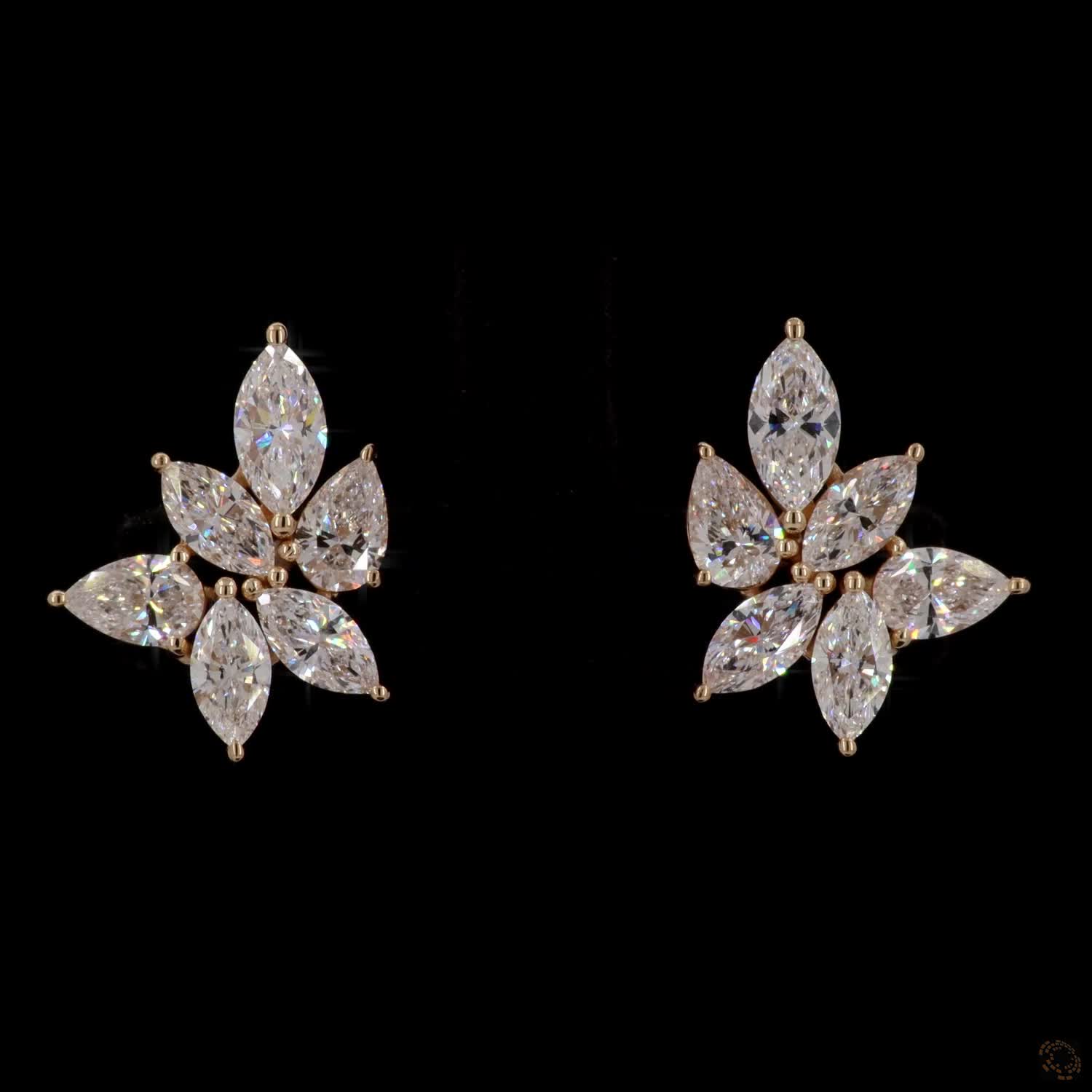 2.93 Ct Marquise Cut  Cluster Stud Earrings in 14K Yellow Gold | Floral Leaf Cluster Earring