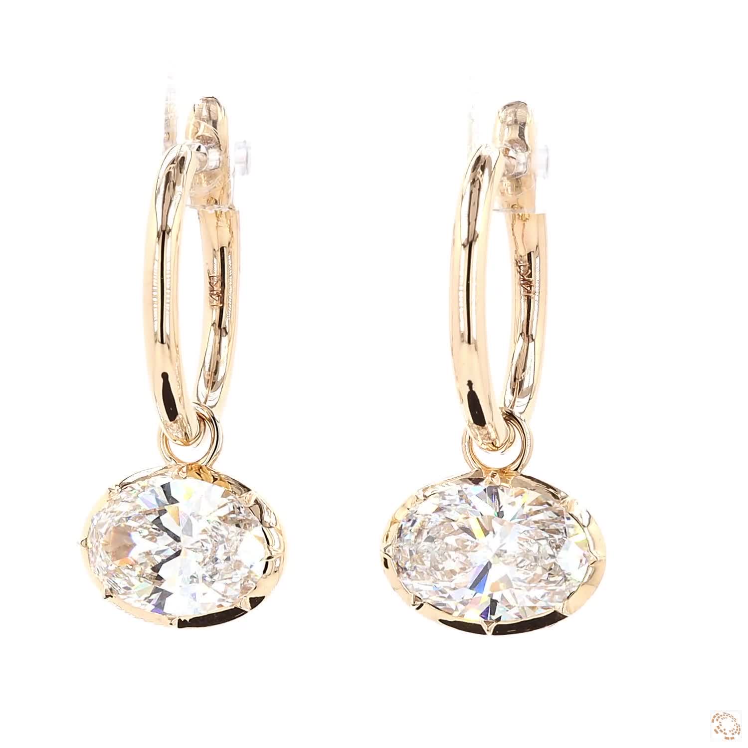 4.09 Ct Oval Cut Diamond Dangle Huggie Hoop Earrings, 14K Gold East-West Drop Earrings