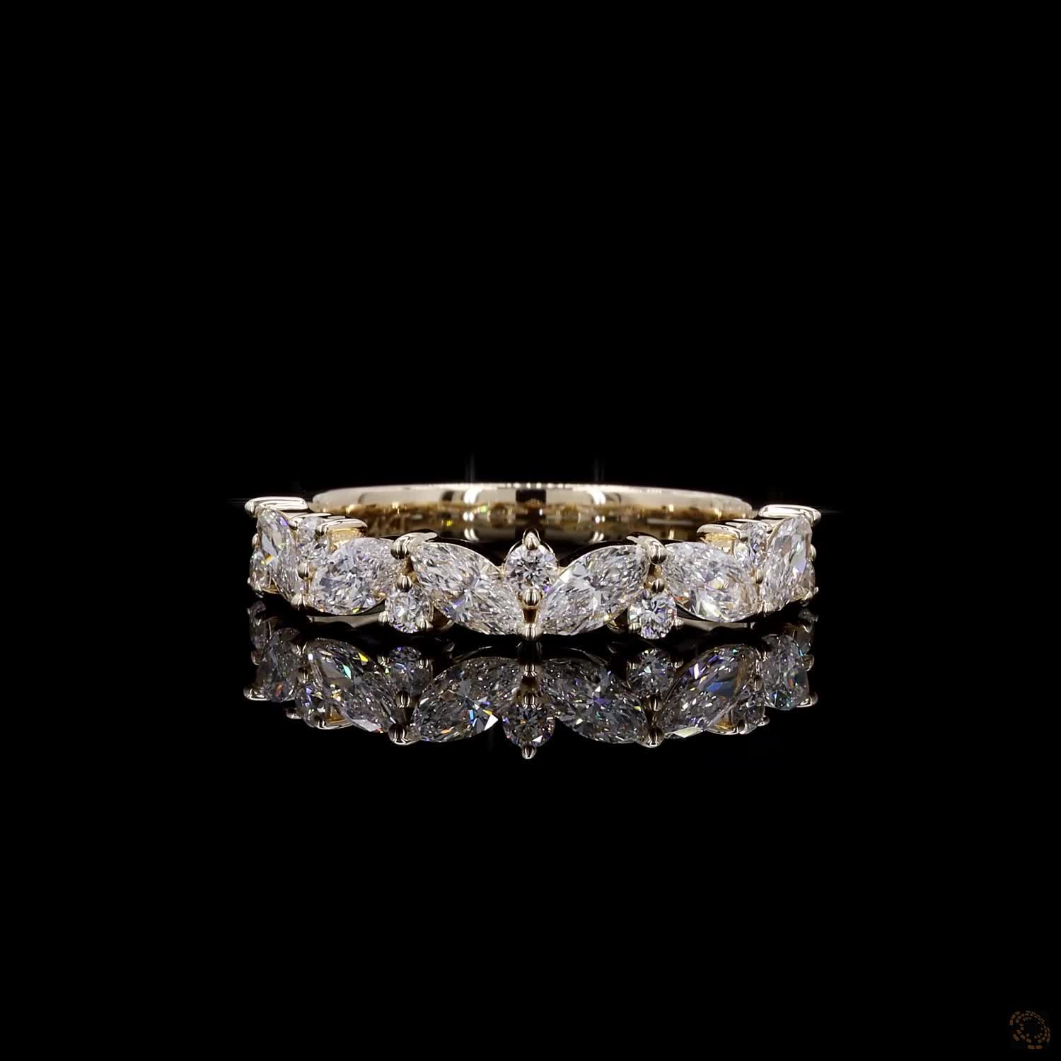 0.86 Ct 14K Yellow Gold Marquise & Round Diamond Vine Band | Leaf Cluster Wedding Ring