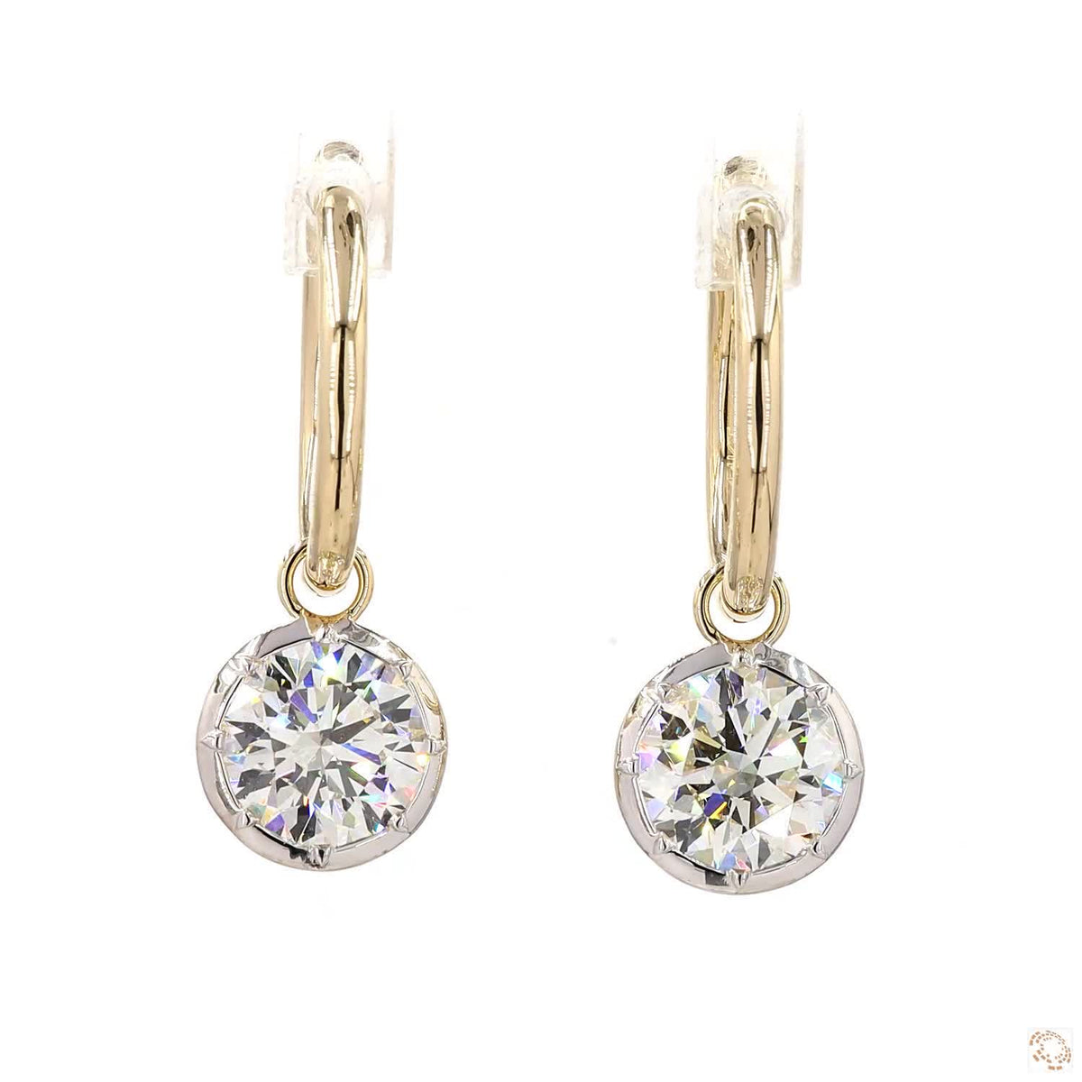4.10 Ct 14K Gold Round Solitaire Diamond Dangle Hoop Earrings – White Metal Bezel Framed Charm Drops