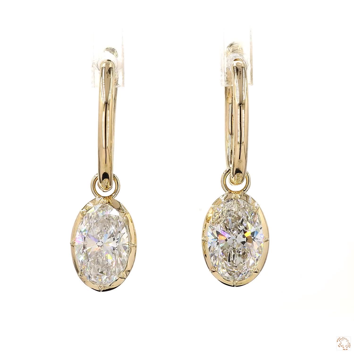 4.25 ct Oval Diamond Dangle Huggie Hoop Earrings, Solid 14K Yellow Gold Solitaire Drop Earrings