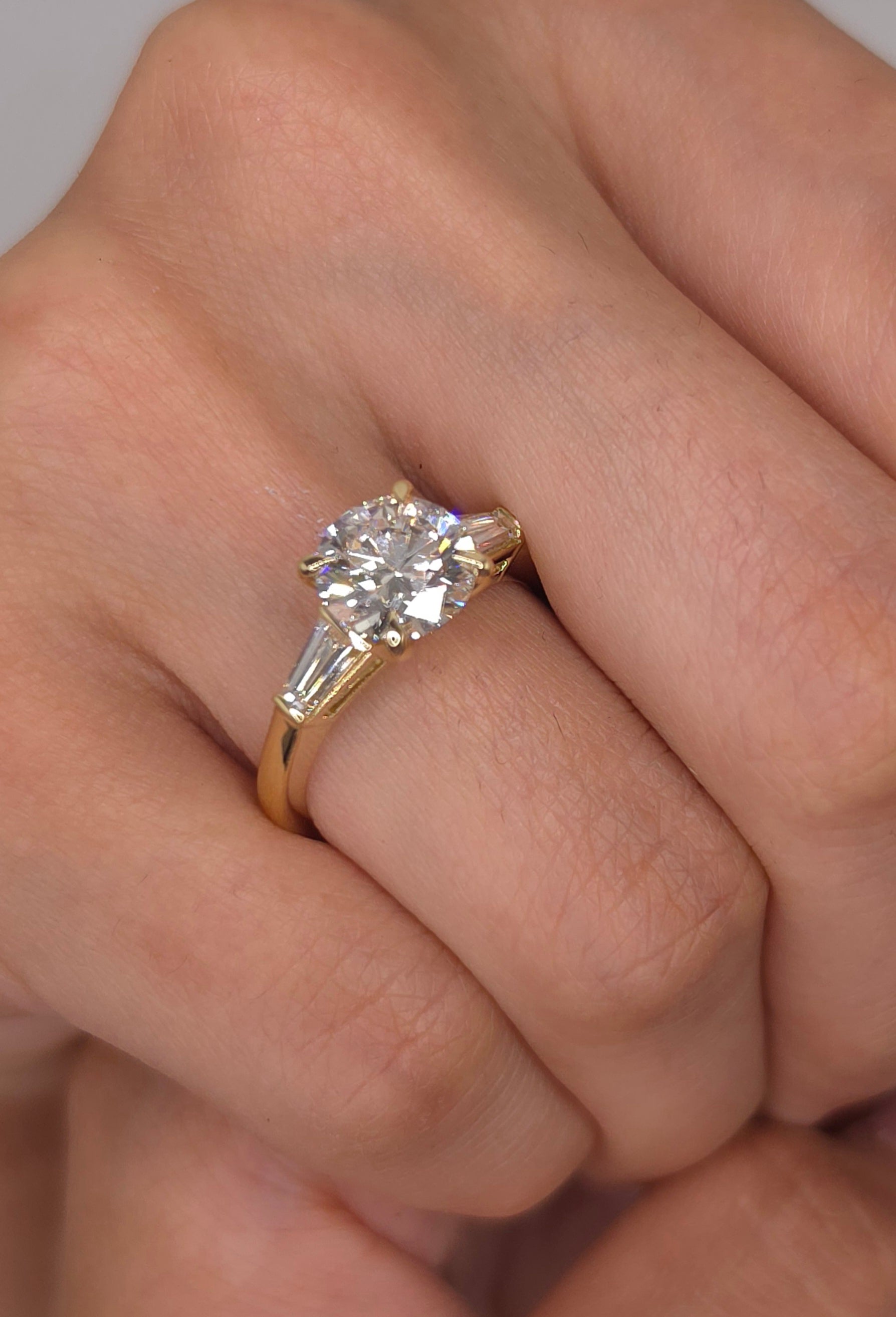 2.57 Ct Classic Round Brilliant Cut Diamond Three-Stone Engagement Ring with Tapered Baguette Side Stones