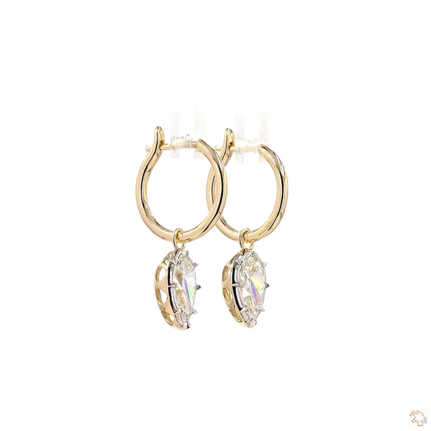 6.09 Ct Pear Cut Diamond Drop Huggie Earrings in 14K Two-Tone Gold | Solitaire Teardrop Dangle Hoops