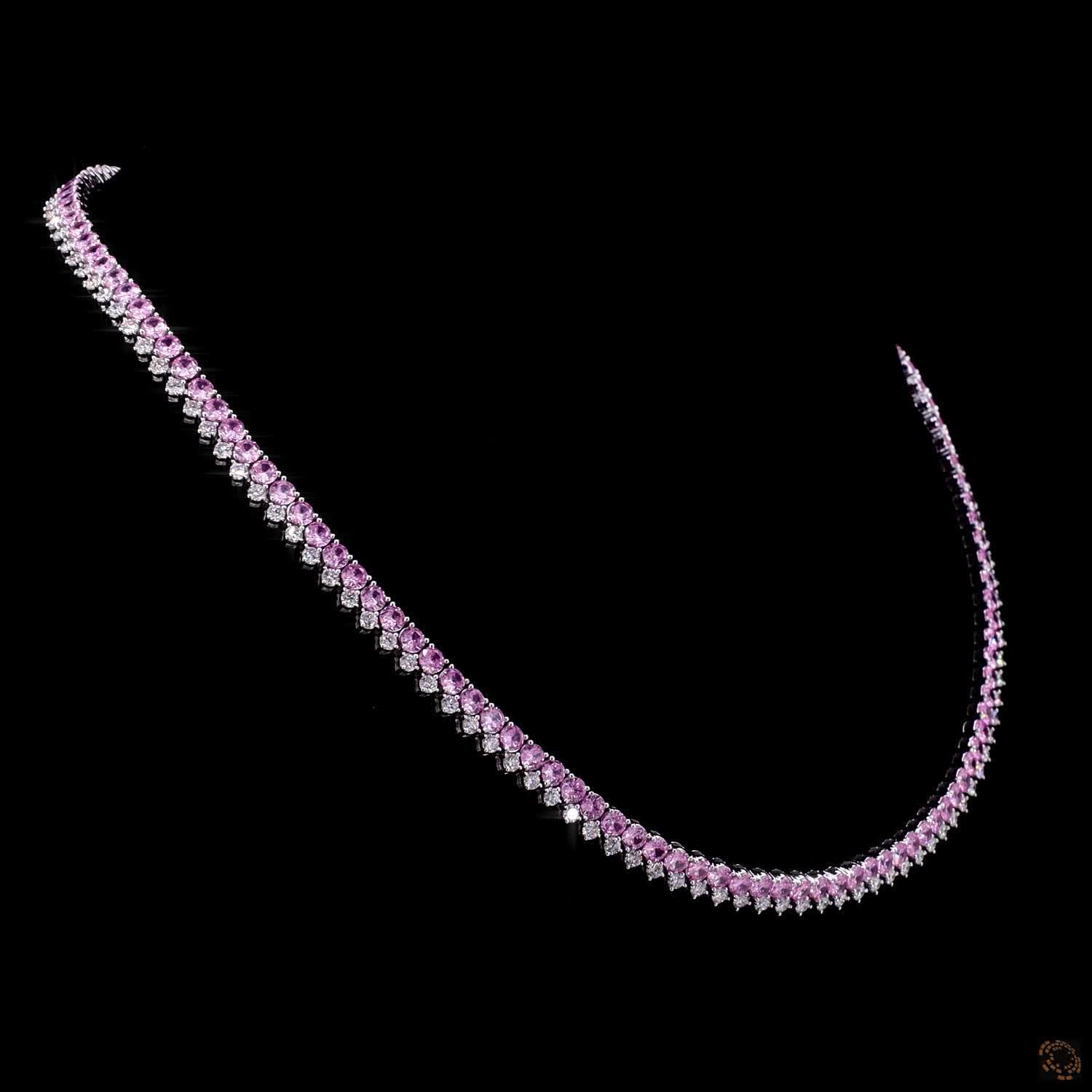 27.46 Ct Pink Sapphire and Diamond Two-Row Fringe Graduated Tennis Necklace in White Gold