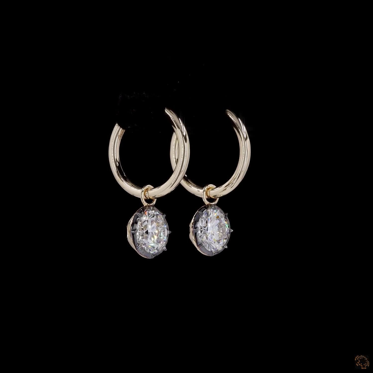 3.05 Ct Round Cut Diamond Drop Huggie Earrings in 14K Gold | Dark Bezel Solitaire Dangle Hoops