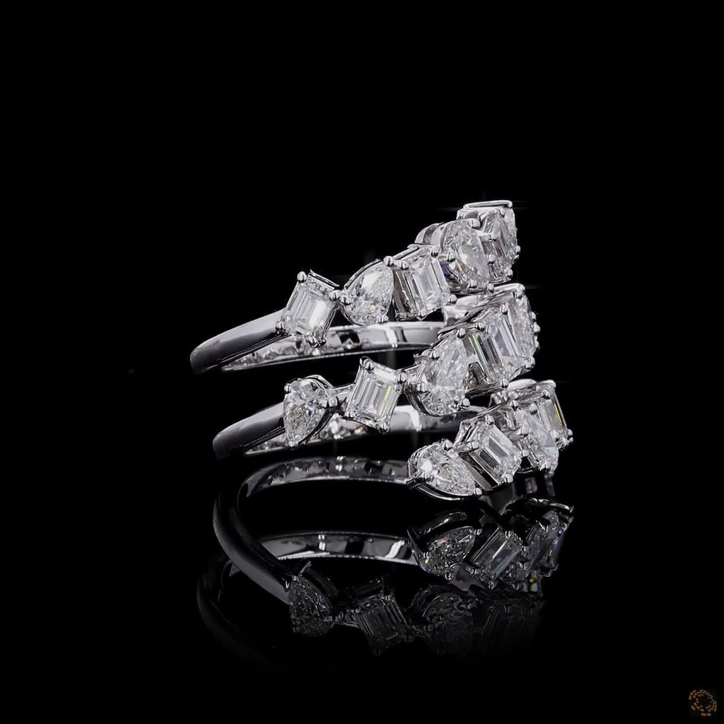 2.73 Ct Natural Emerald with Pear Octagon Shape Diamond Spiral Cuff Ring 14k White Gold