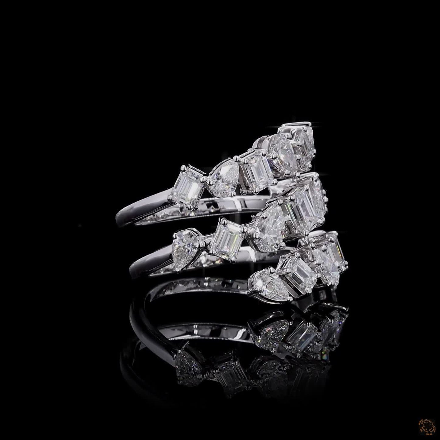 2.73 Ct Natural Emerald with Pear Octagon Shape Diamond Spiral Cuff Ring 14k White Gold