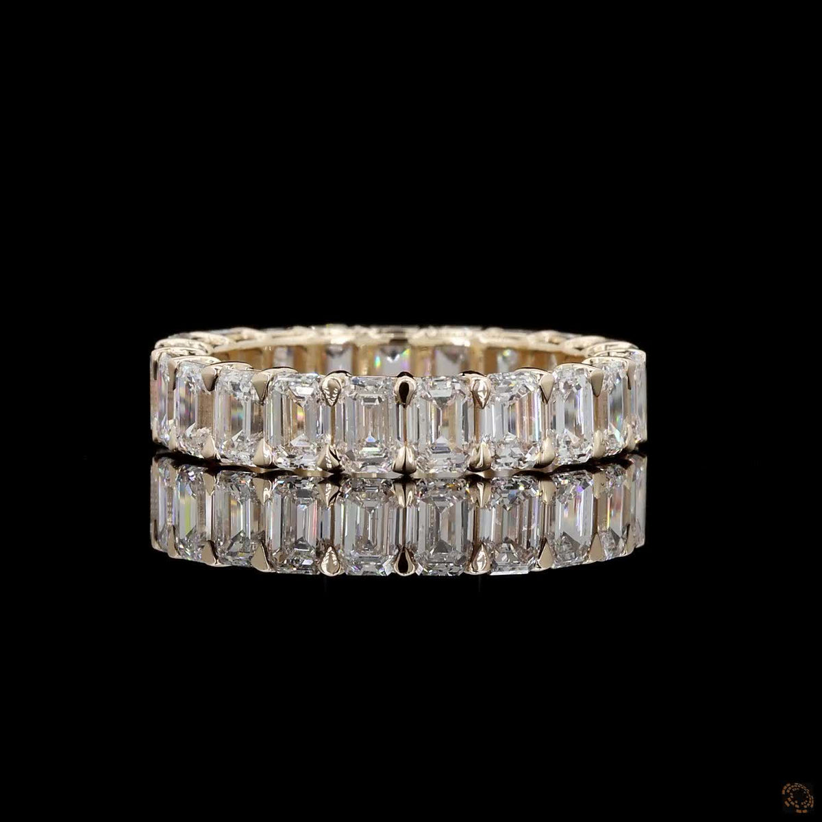 5.16 Ct Emerald Cut Diamond Full Eternity Ring, 4-Prong Shared Setting, 14K Yellow Gold Matching Bridal Band