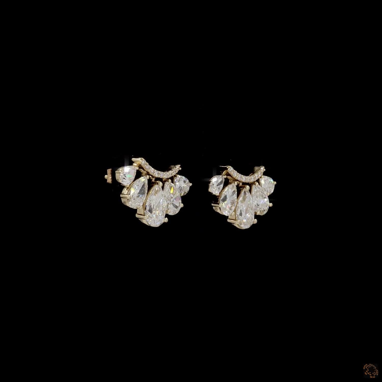 3.12 Pear Diamond Fan Cluster Stud Earrings in Yellow Gold