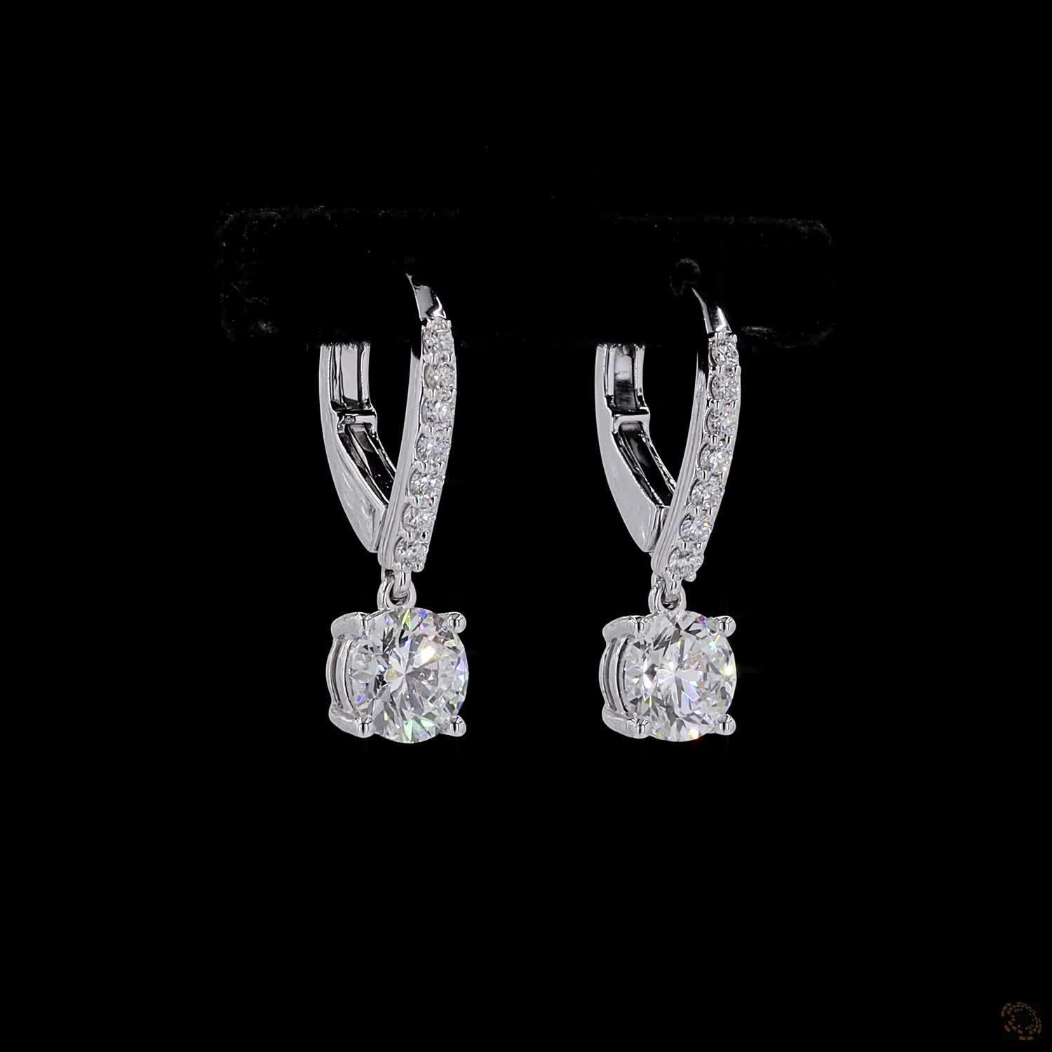 2.33 Ct Round Diamond Solitaire Dangle Earrings with Pavé Leverback Wire in White Gold