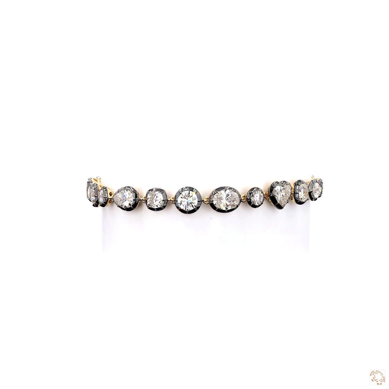 9.15 Ct Multi-Shape Diamond Black Enamel Bezel Bracelet in 14K Yellow Gold