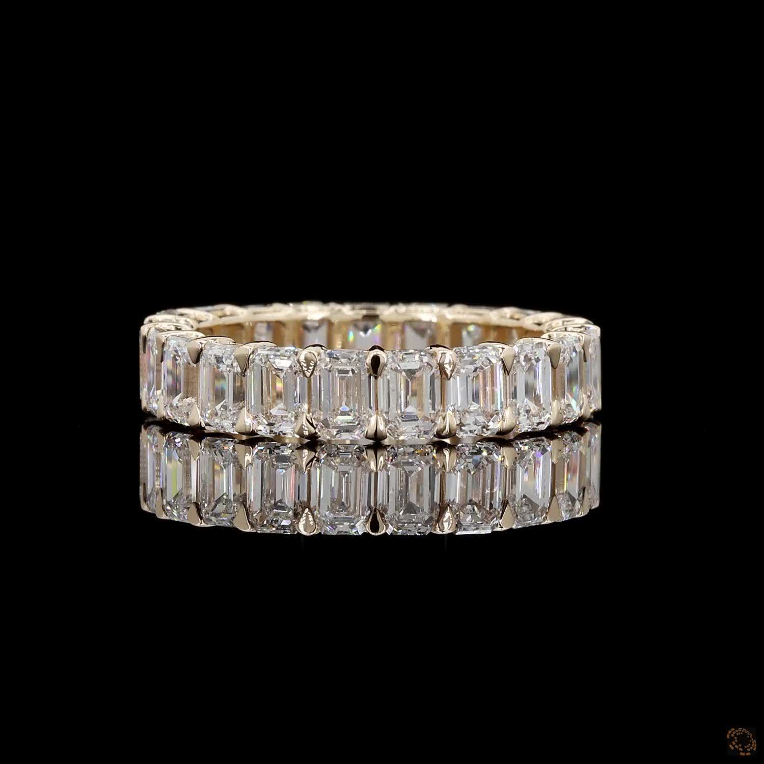 5.16 Ct Emerald Cut Diamond Full Eternity Ring, 4-Prong Shared Setting, 14K Yellow Gold Matching Bridal Band