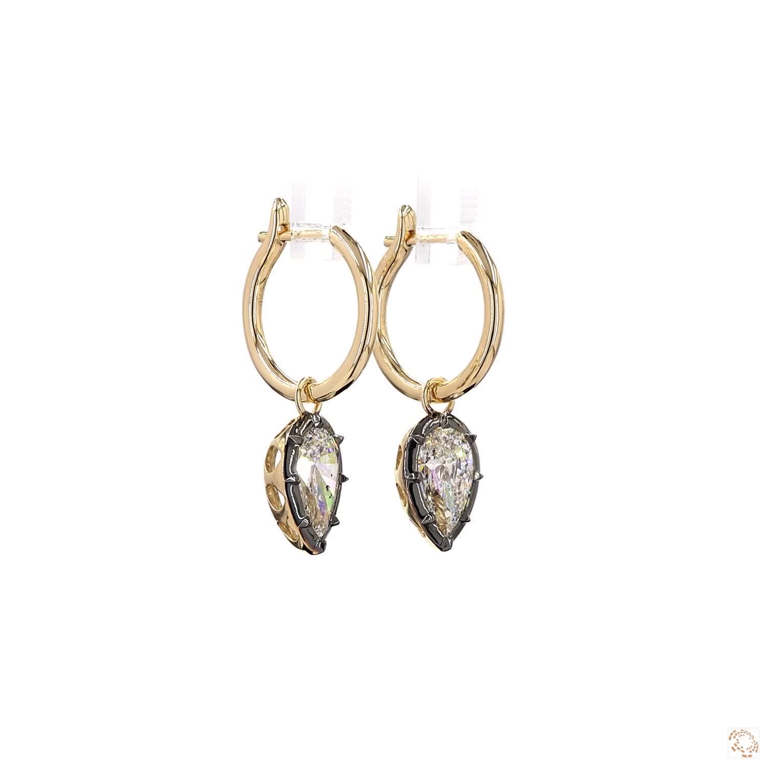 4.16 Ct Pear Cut Diamond Drop Huggie Earrings in 14K Gold | Blackened Bezel Teardrop Dangle Hoops
