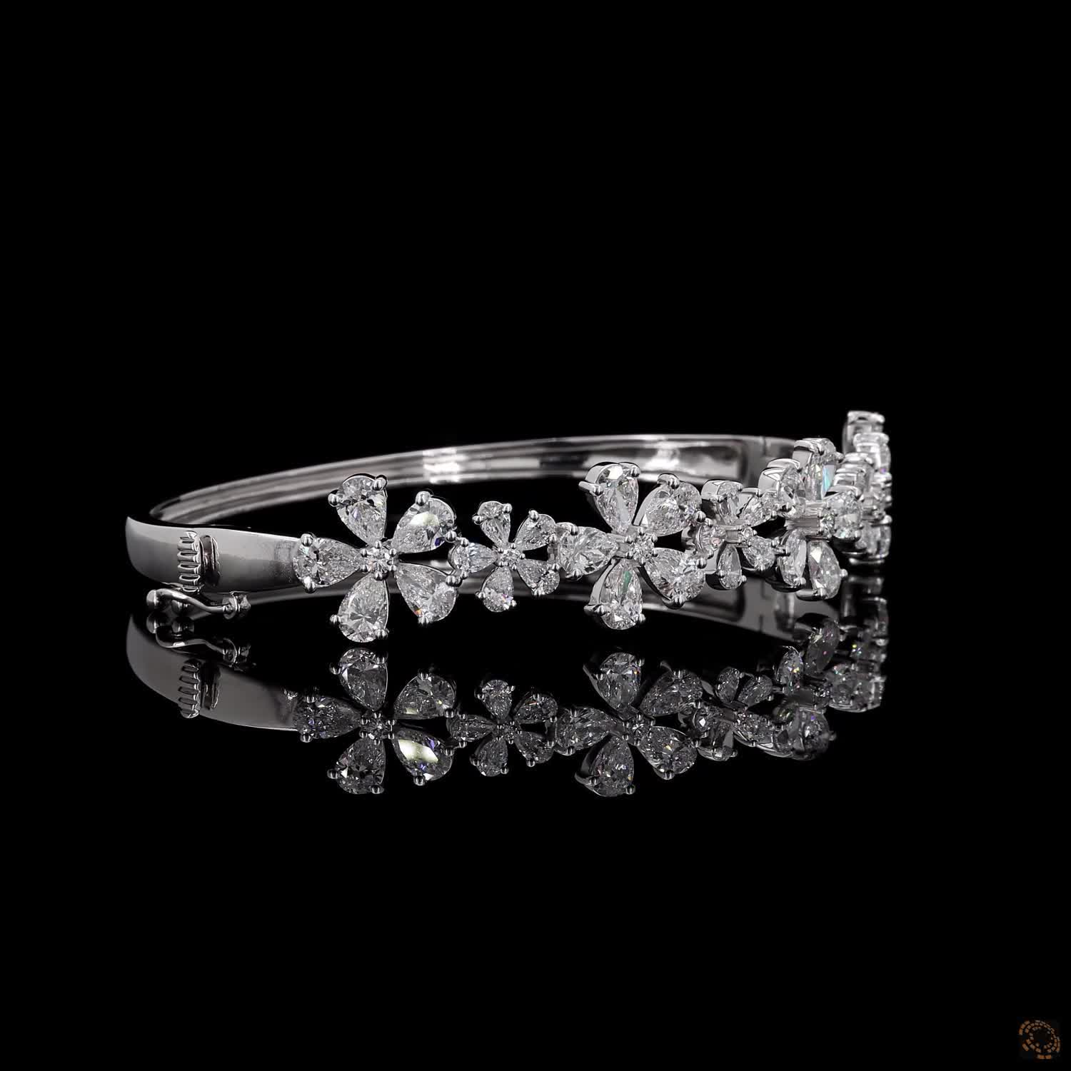 8.72 Ct Diamond Flower Cluster Station Bangle Bracelet in White Gold
