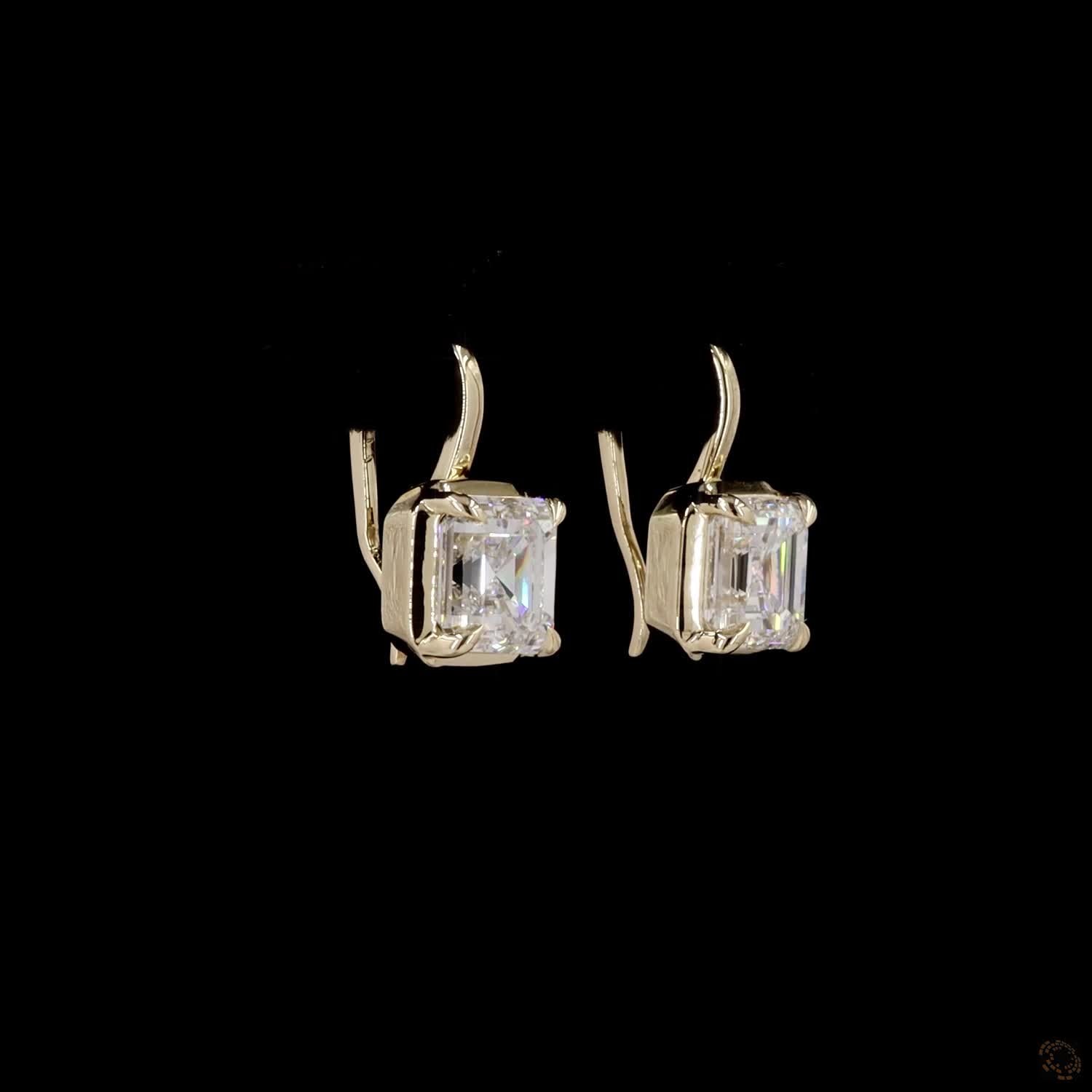 3.06 Ct Yellow Gold Asscher Cut Diamond Solitaire Leverback Drop Earrings