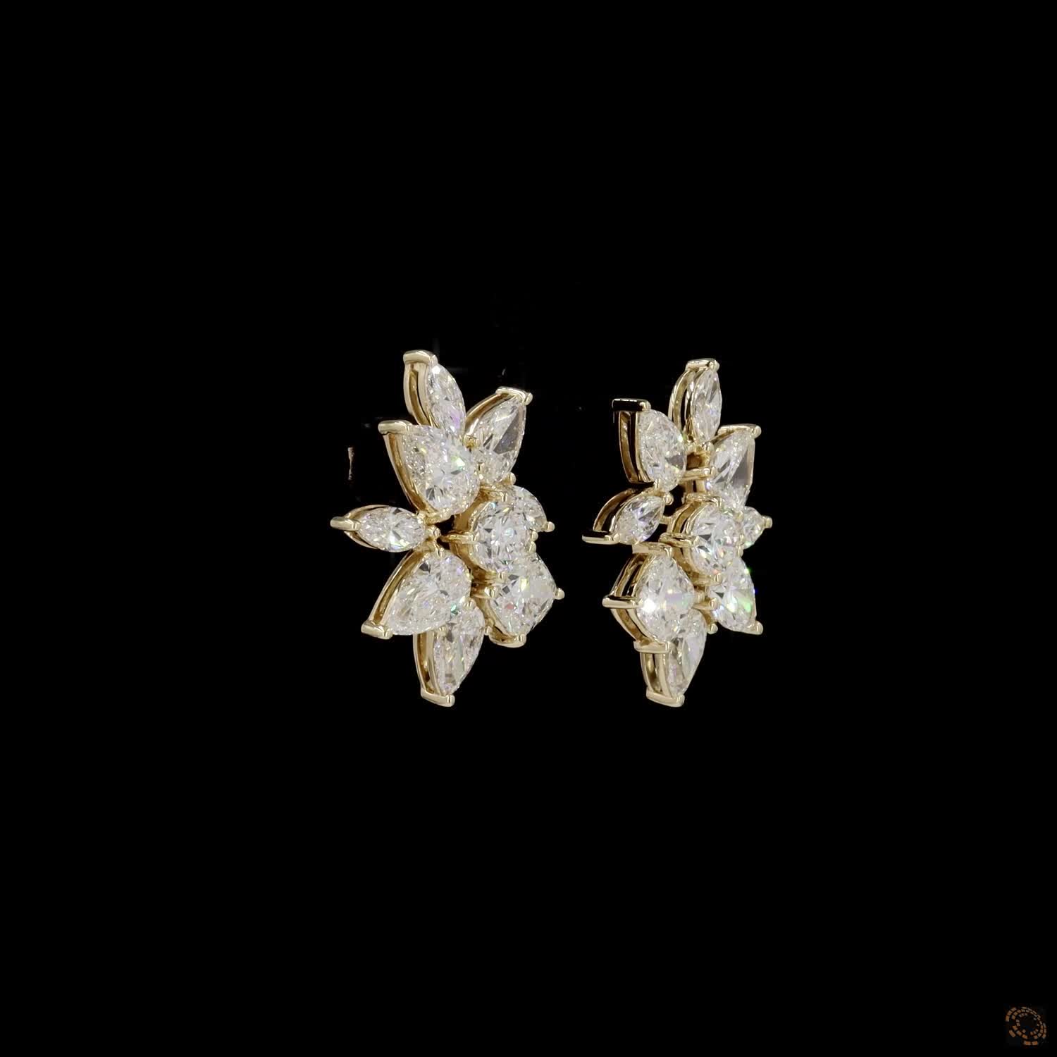 8.37 Ct Mixed Cut Diamond Floral Cluster Earrings in Yellow Gold