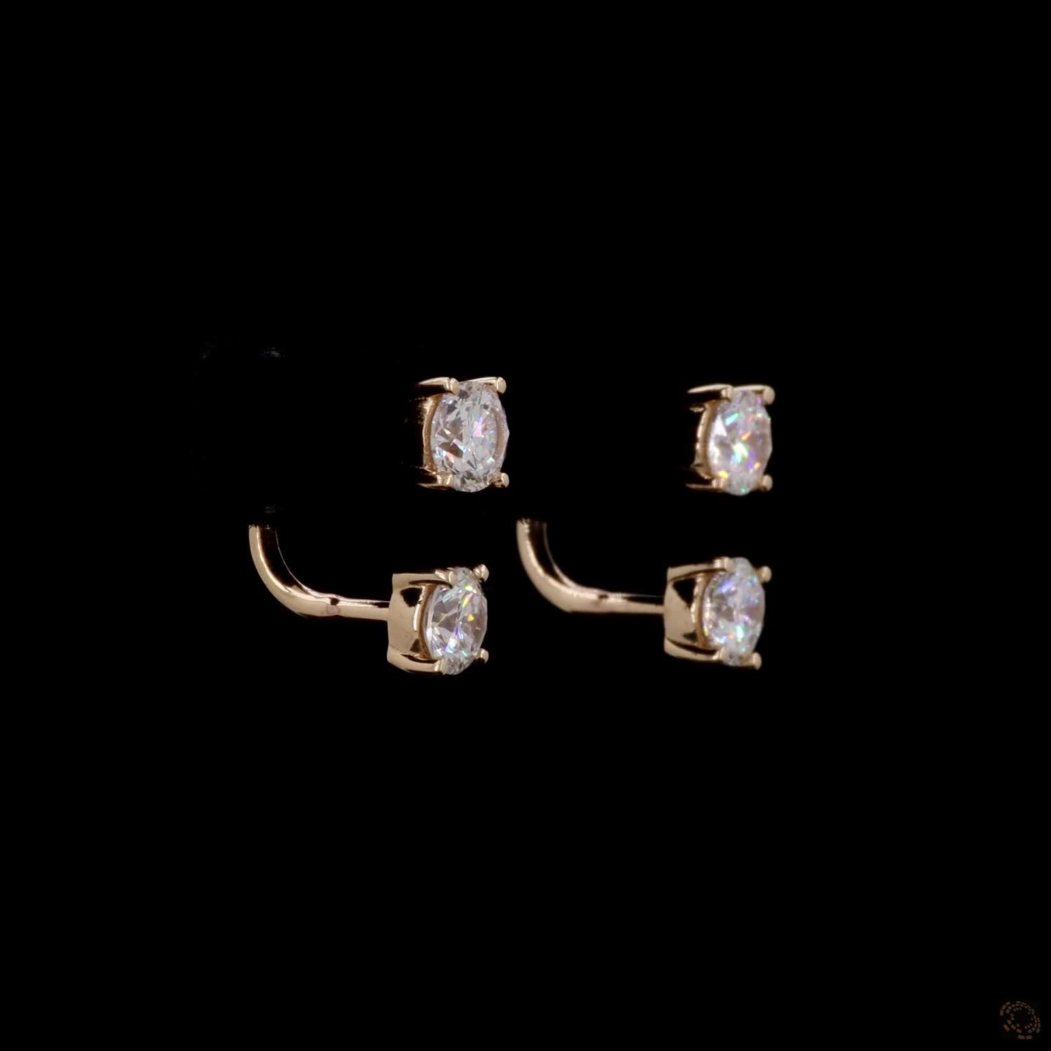 1.05 Ct Two-Stone Diamond Ear Jacket Earrings, Solid 14K Yellow Gold Round Solitaire Studs with Curved Drop Attachment