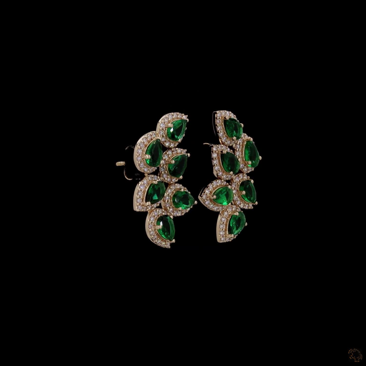 0.97 Ct Yellow Gold Simulated Emerald Ear Crawlers, Pear Shape Halo Vine Cluster Earrings, Statement Evening & Bridal Fine Jewelry
