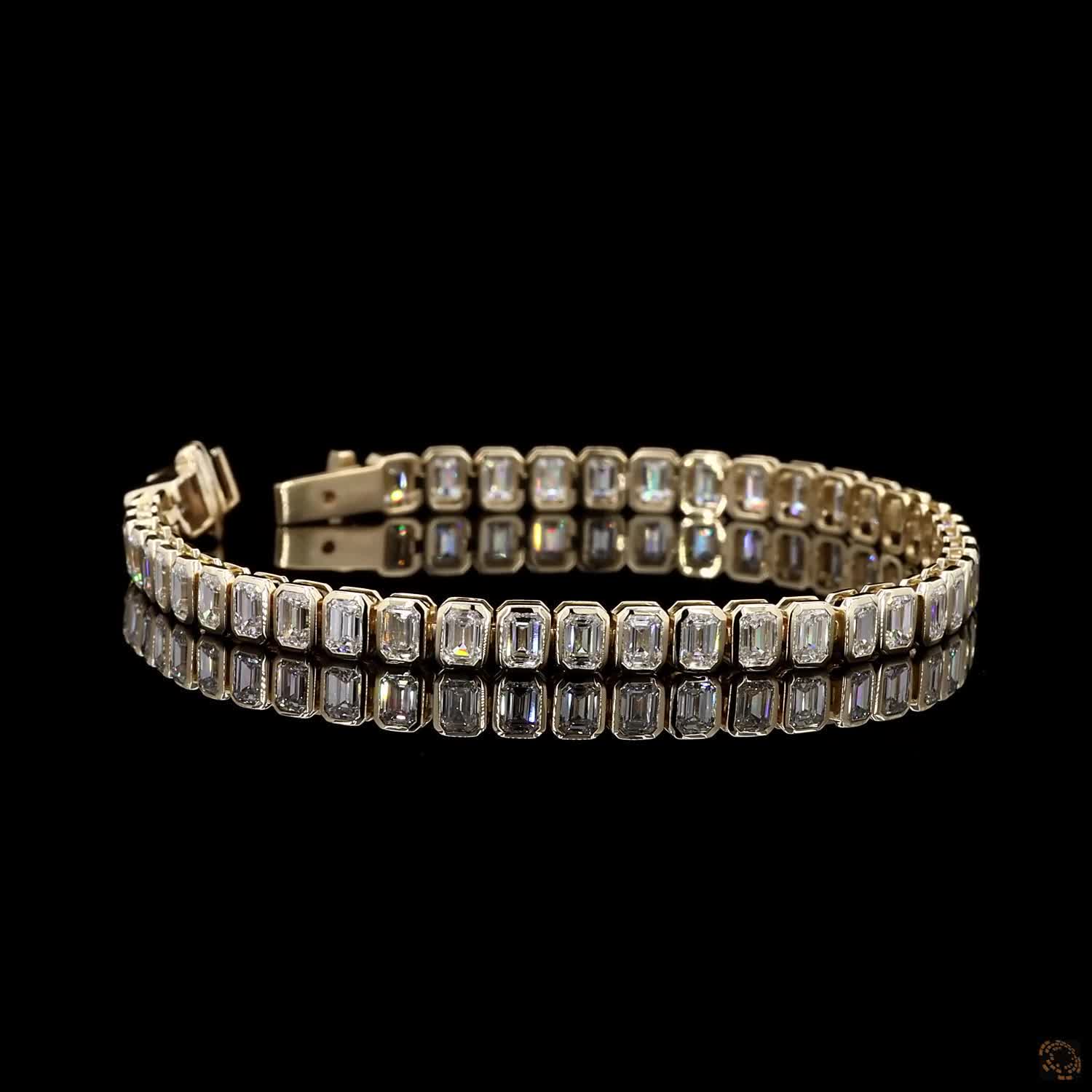 10.90 Ct Emerald Cut Bezel Fancy Bracelet in 14K Yellow Gold | Full Bezel Vertical Step Cut Line Bracelet