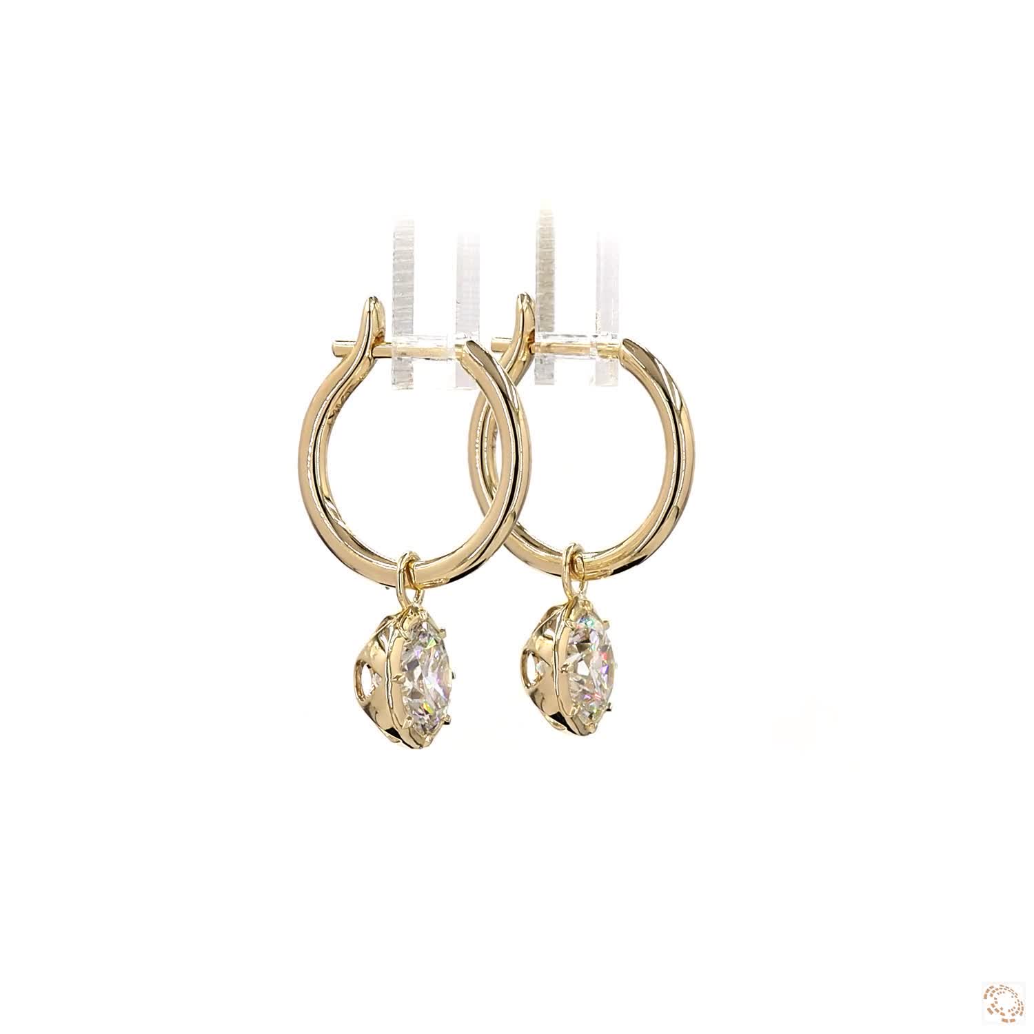 3.08 Ct 14K Yellow Gold Round Cut Solitaire Diamond Dangle Hoop Earrings – Bezel Framed Charm Drops