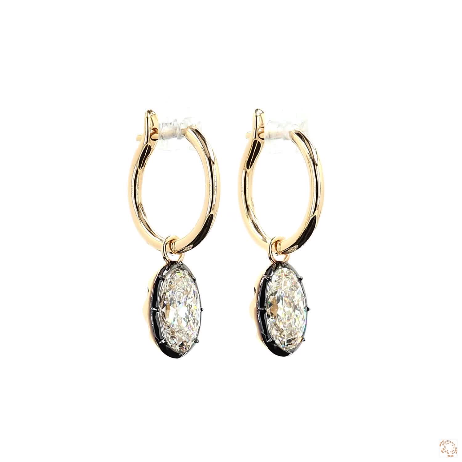 4.18 Ct Oval Cut Diamond Dangle Huggie Hoop Earrings, 14K Gold & Black Rhodium Oval Solitaire Drops