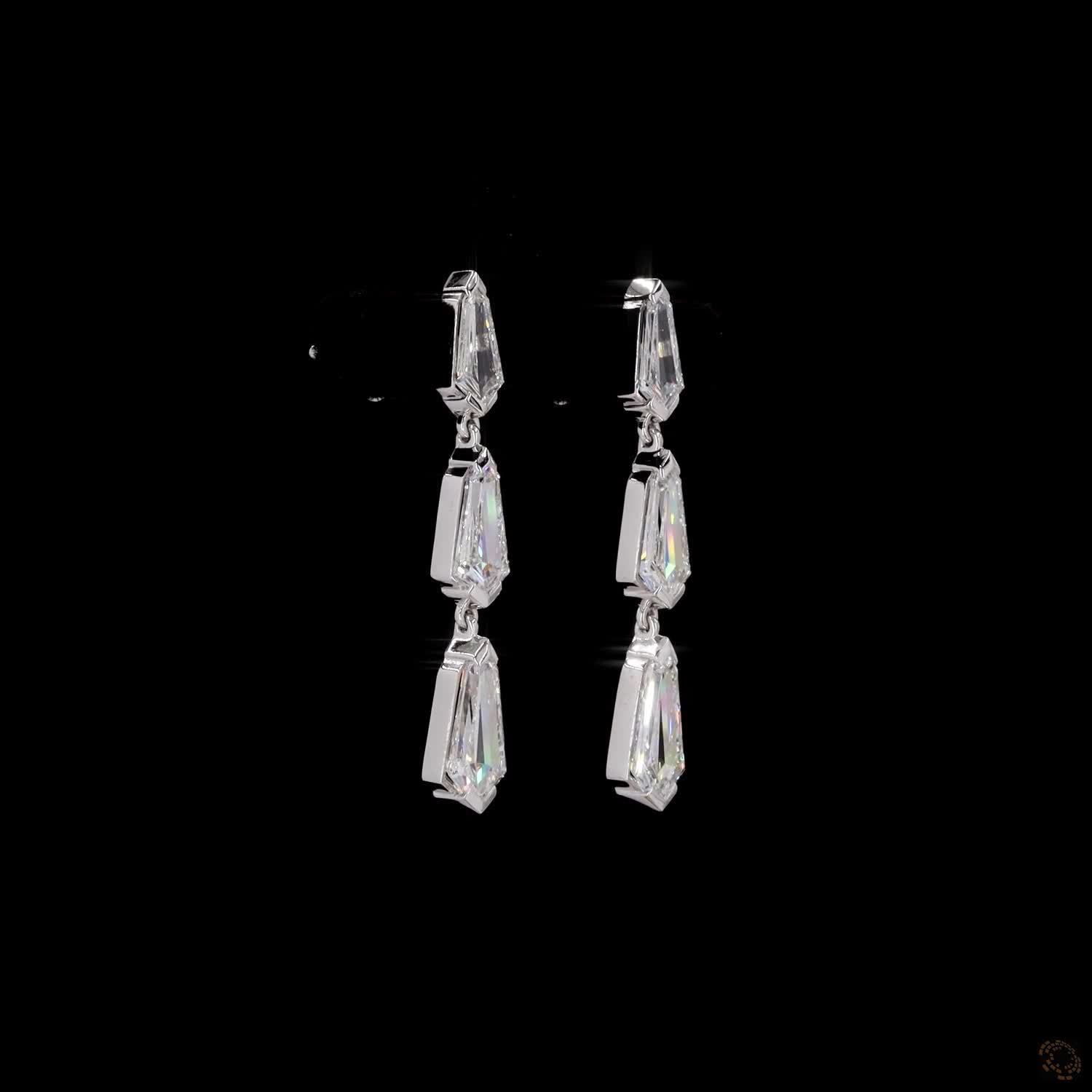 3.97 Ct White Gold 3-Stone Shild Cut Diamond Linear Drop Earrings
