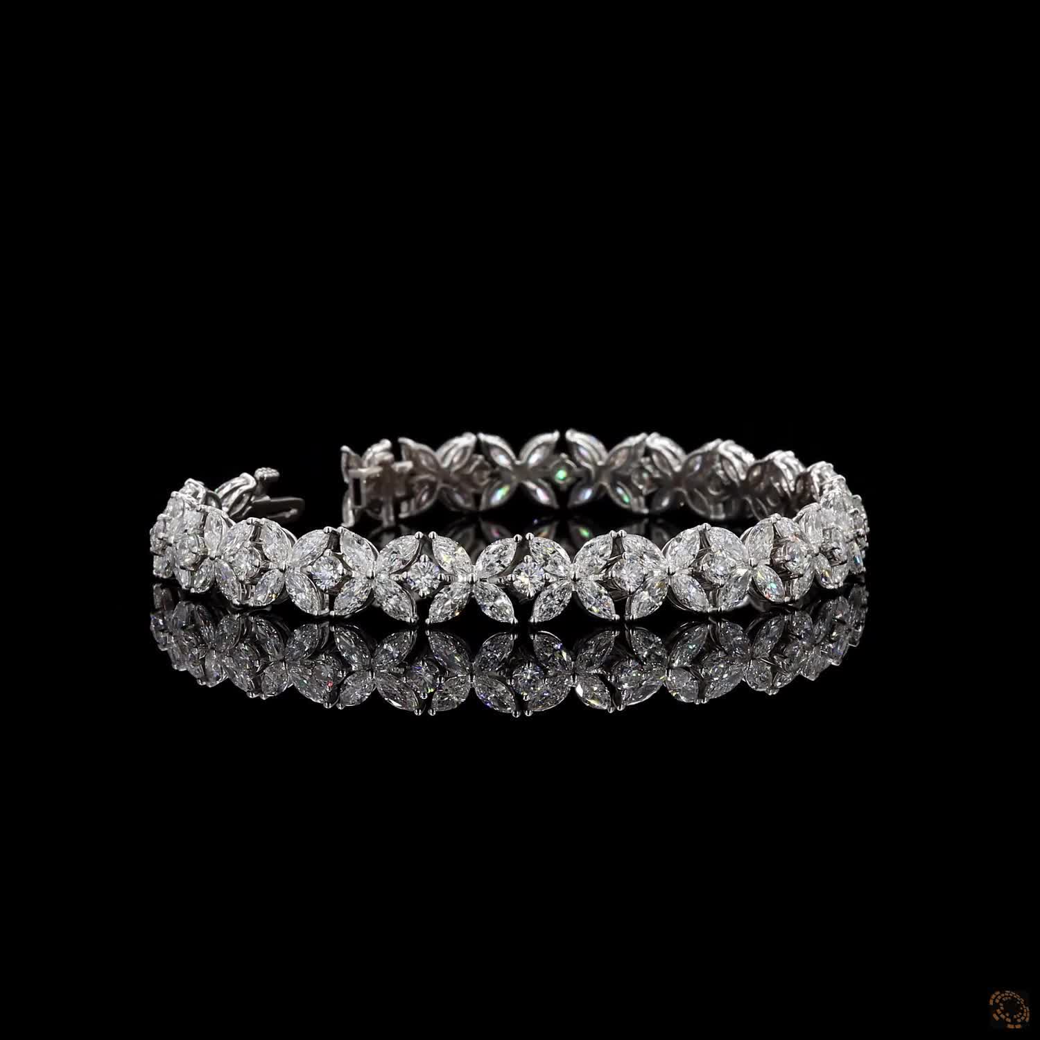 11.90 Ct Floral Marquise & Round Moissanite Fancy  Bracelet in 14K White Gold | Cluster Flower Diamond Alternative Line Bracelet