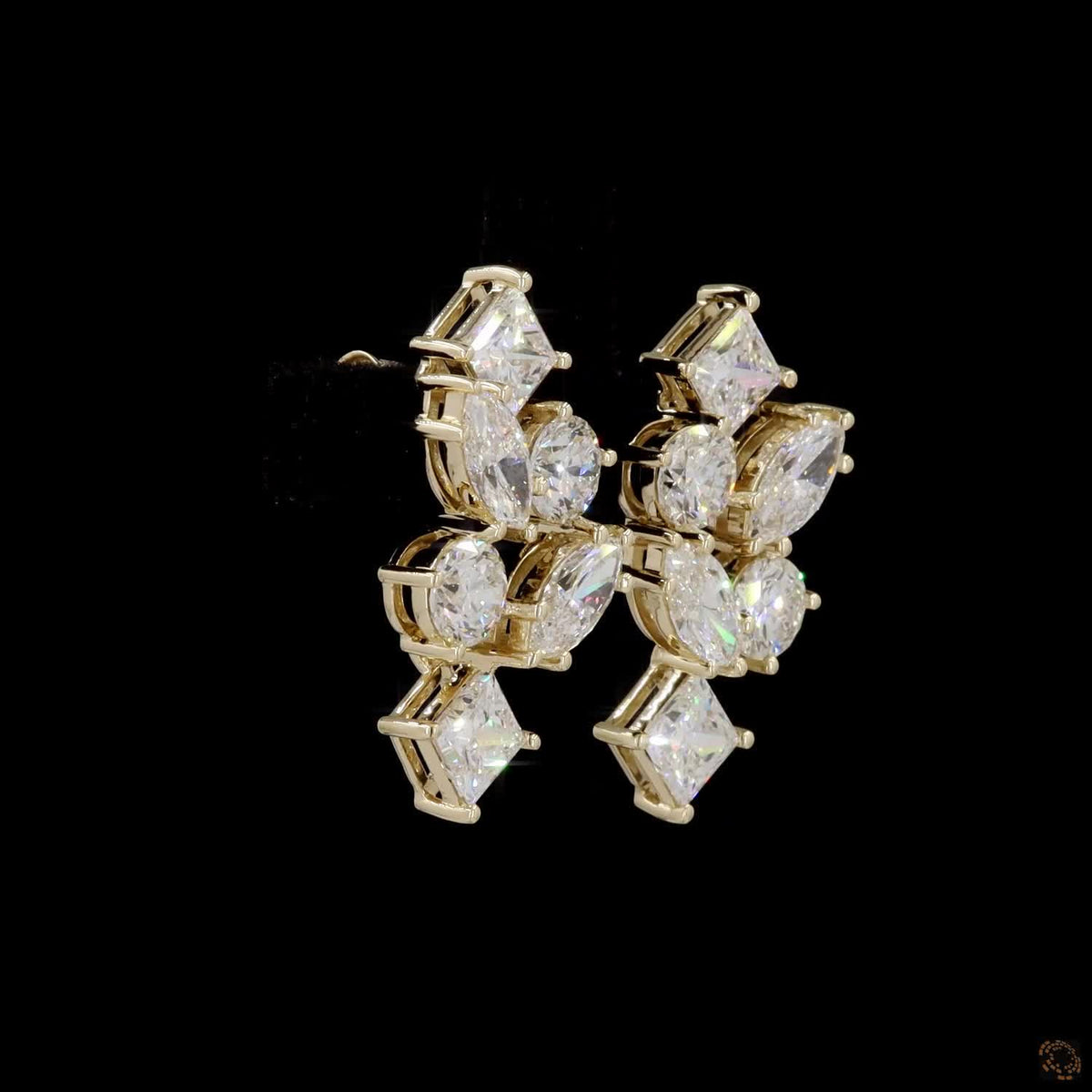 5.62 Ct Yellow Gold Multi-Cut Earrings, Geometric Cluster Ear Climbers, Unique Bridal & Evening Fine Jewelry