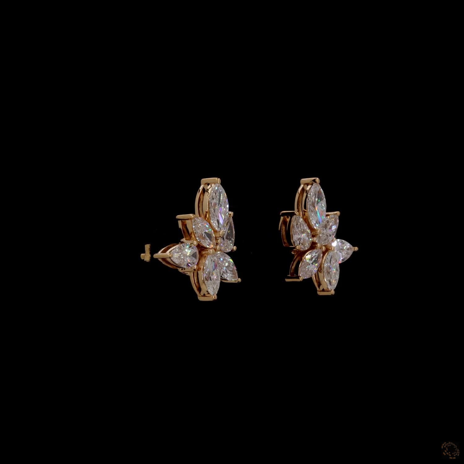 2.93 Ct Marquise Cut  Cluster Stud Earrings in 14K Yellow Gold | Floral Leaf Cluster Earring