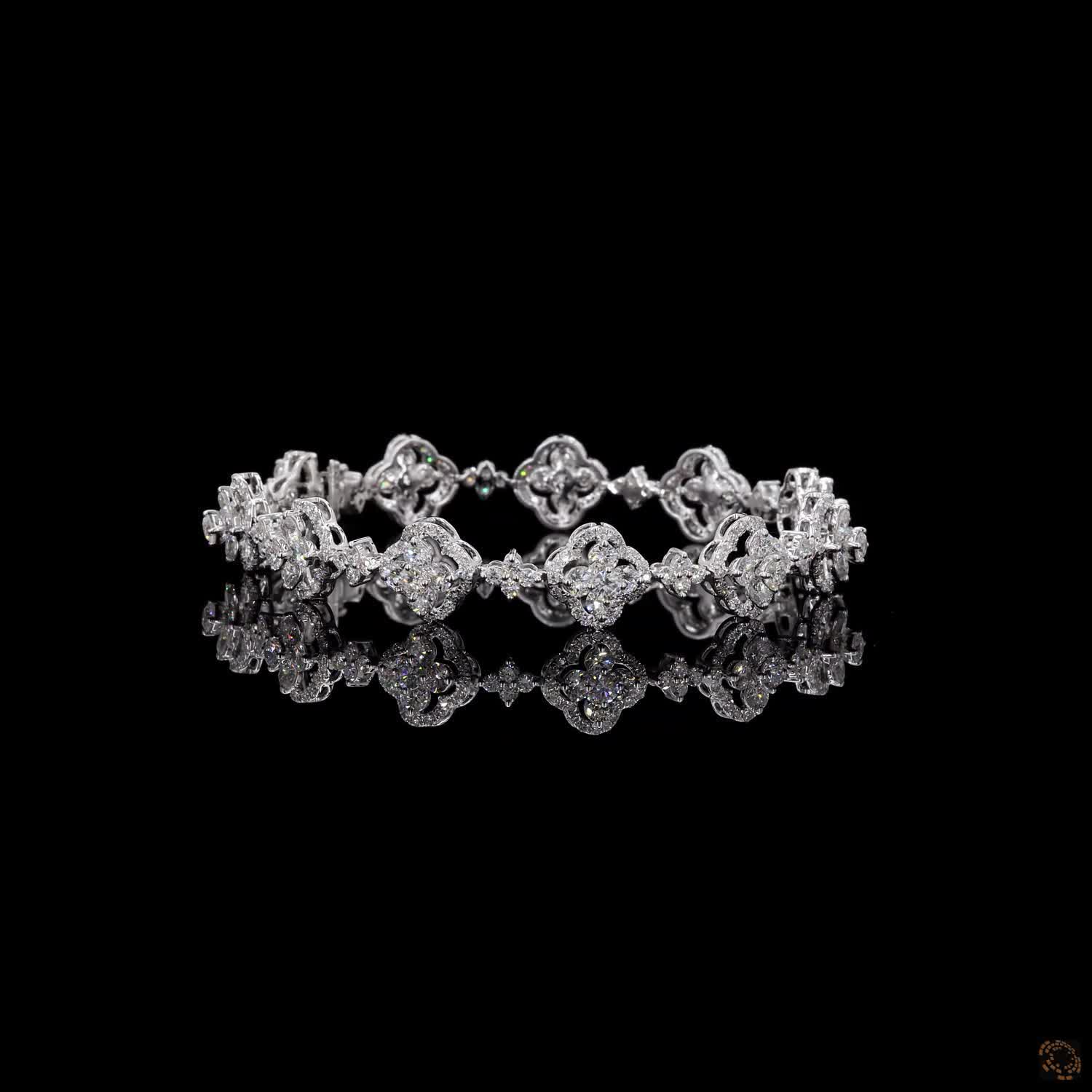 6.40 Ct Floral Quatrefoi Cluster Fancy Bracelet in 14K White Gold | Clover Halo Motif Line Bracelet