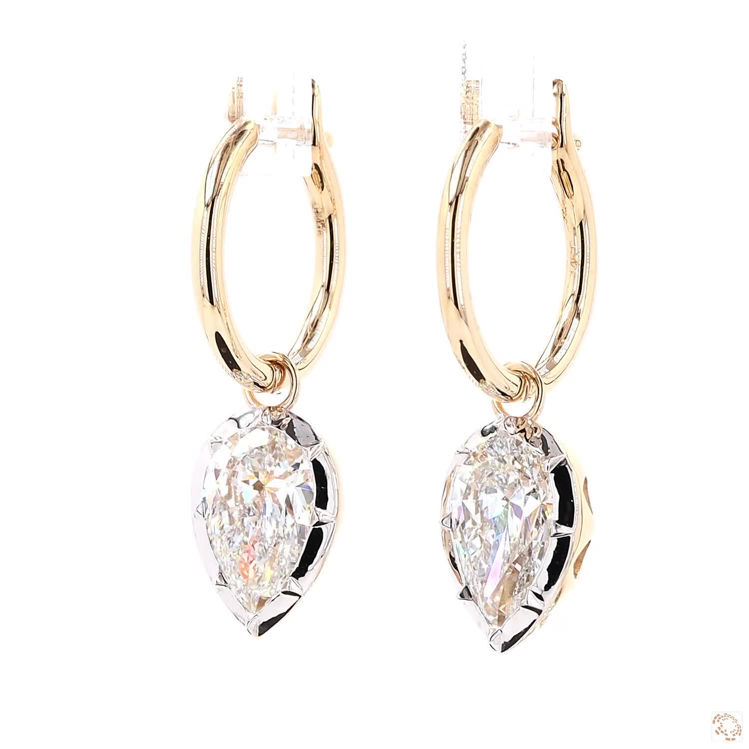 5.05 Ct 14K Gold Pear-Shape Solitaire Diamond Dangle Hoop Earrings – Two-Tone White Rim Drop Earrings